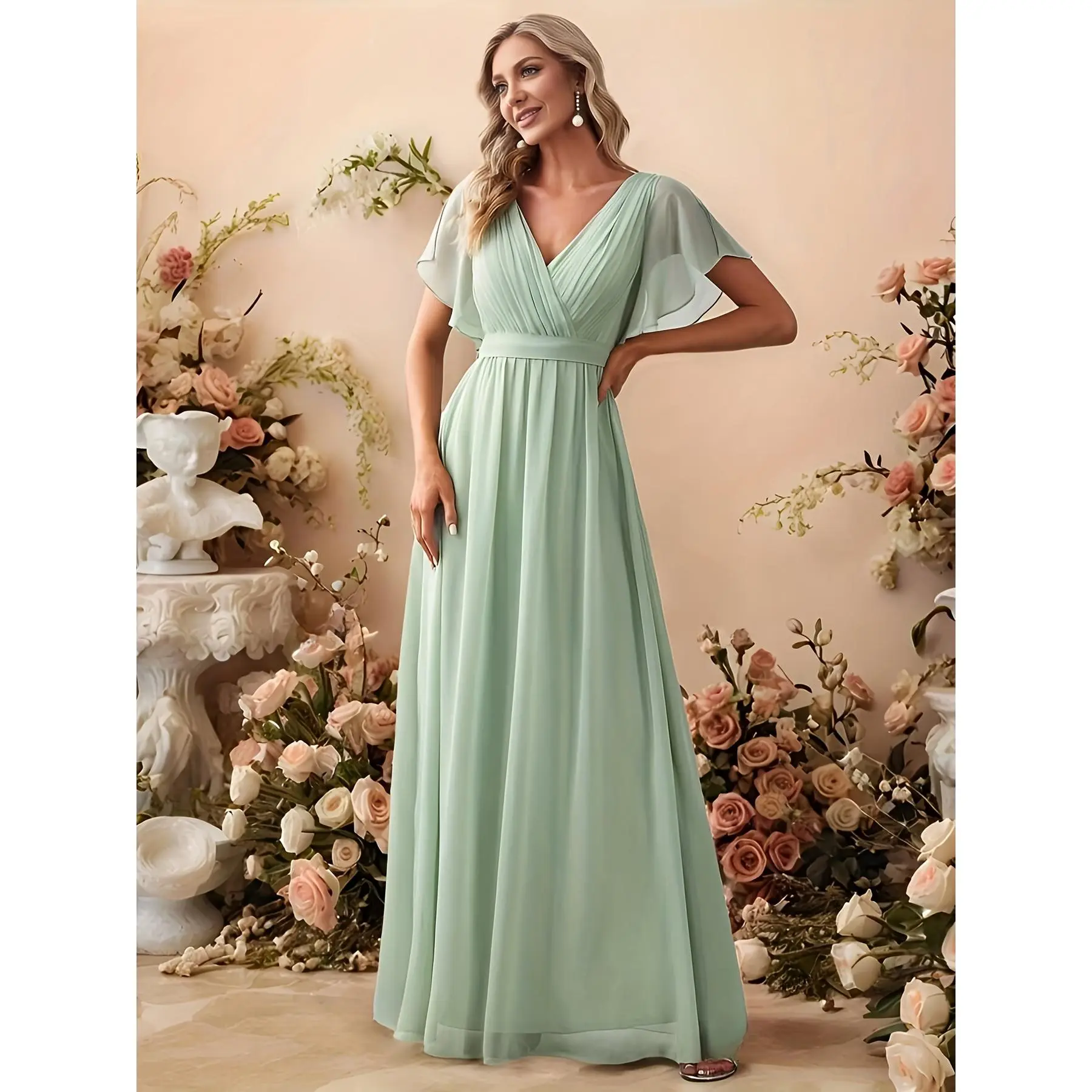 Women's Eternal Beauty Elegant Chiffon Bandeau Wedding Dress - s/m Trapeze Fit, Short Butterfly Sleeves, Thigh Slit, Ruched Back Tie, Elegant Dresses, Short Sleeve, V-Neck, Formal Wedding, All Seasons, Chic, Polyester, Fabric, Lady