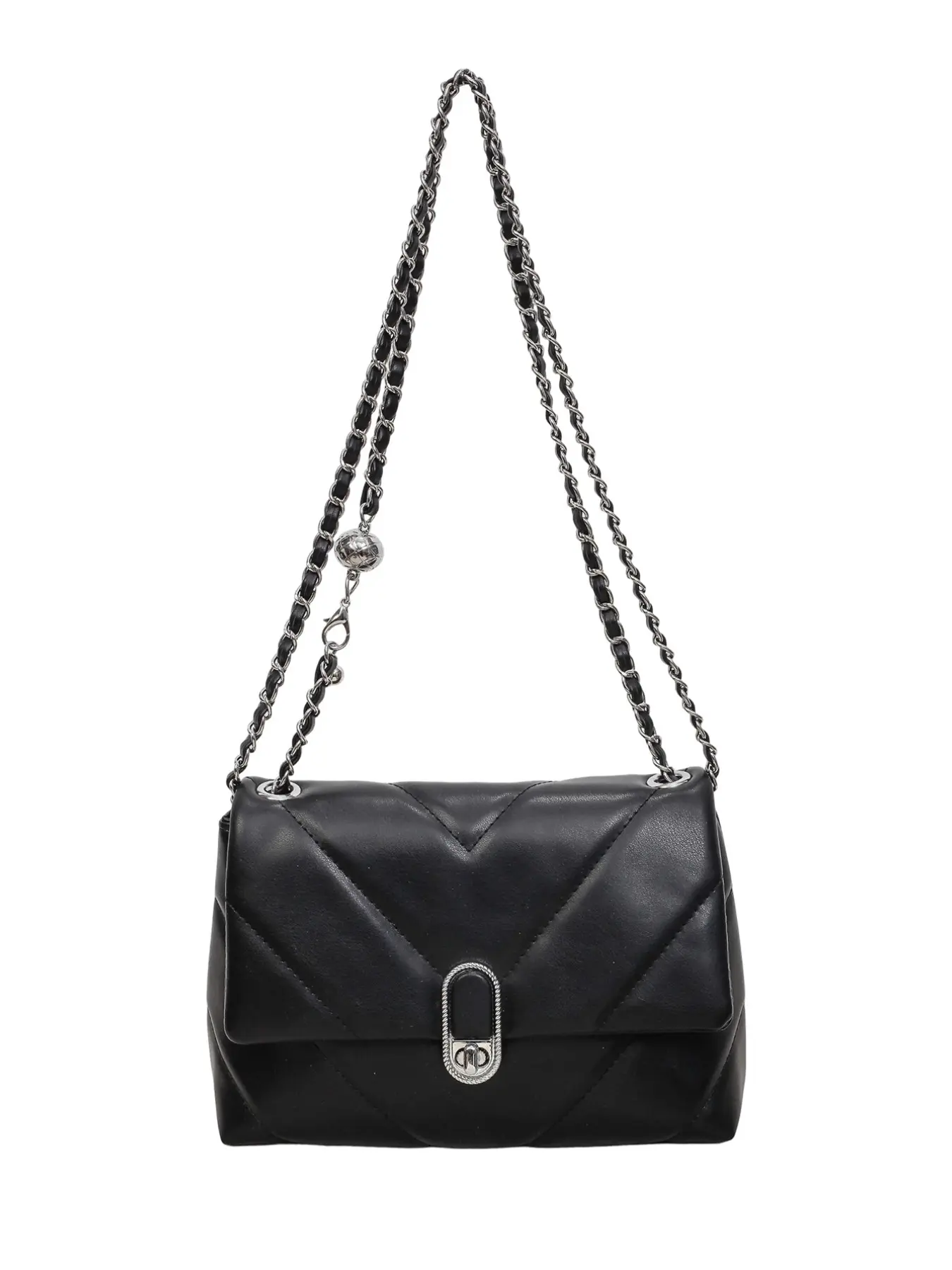 V-Shape Quilted Chain Crossbody Bag, Adjustable Metal Bead Strap, Vintage Twist Lock Flip Cover, Lightweight Luxury Women's Mini Envelope Purse