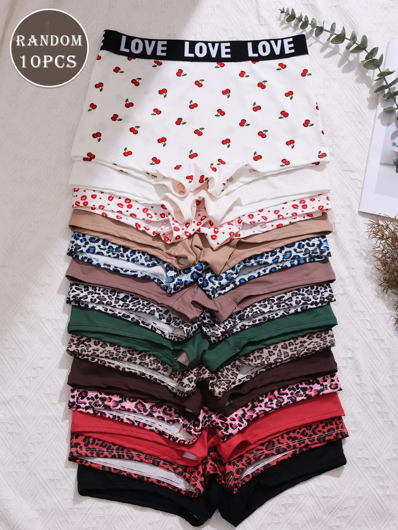 Women's Random 10-Pack Boxer Briefs, Lip Print Cherry Leopard Pattern, Comfortable Fitted Underwear, All Seasons Casual Style