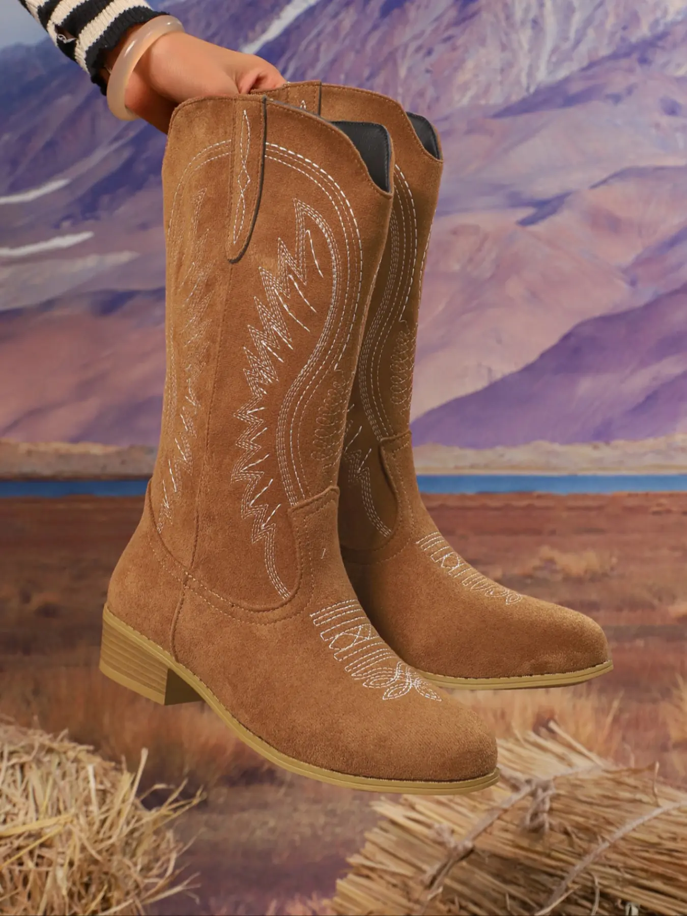 New Vintage Embroidered Tall Western Boots For Women, Block Heel Square Toe Soft Suede Cowboy Boots, Country Style Versatile Mid Calf Riding Boots