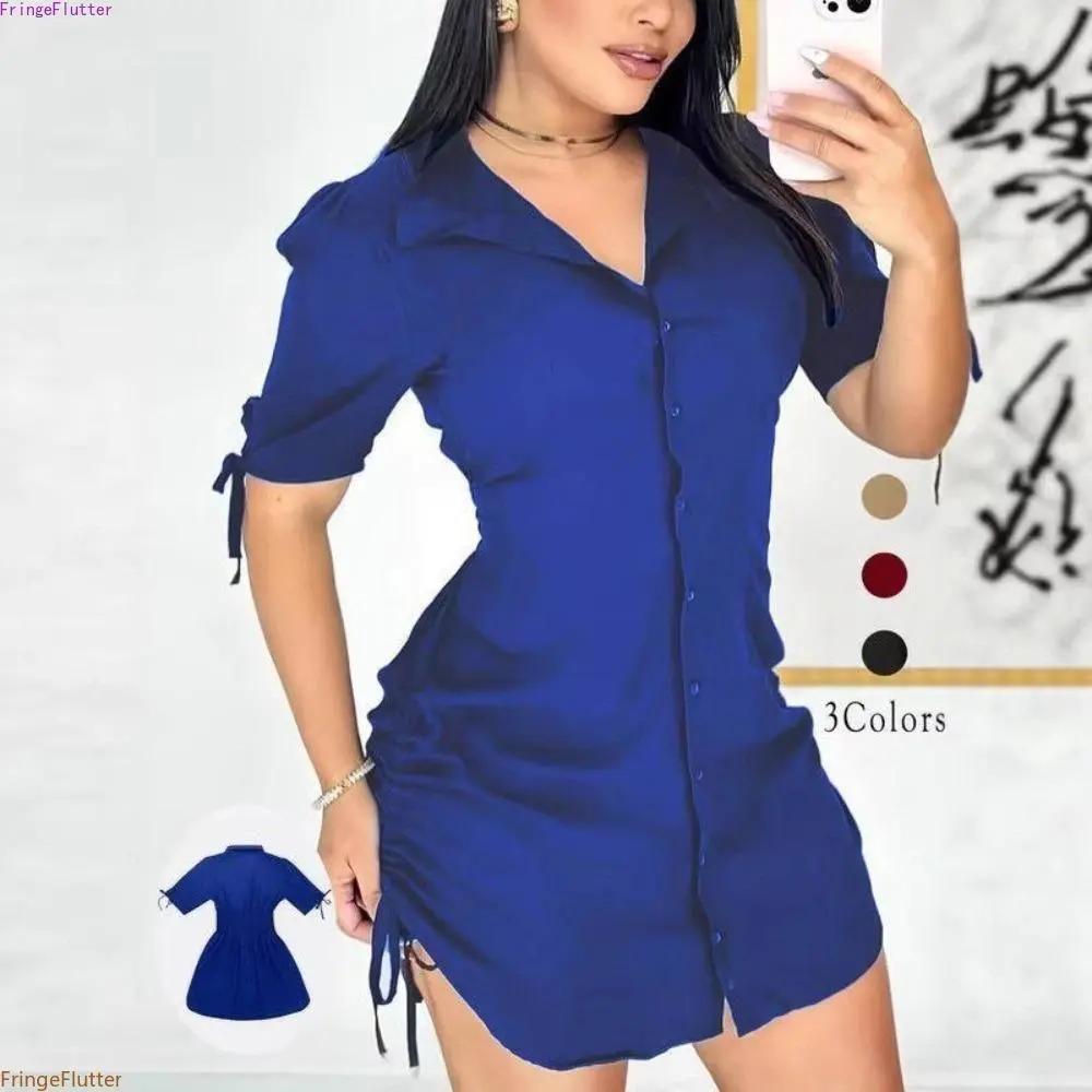 Women's Solid Color Shirt Collar Button Front Dress, Casual Short Sleeve Curved Hem Dress, Versatile Comfortable Daily Wear Ladies Outfit for Spring & Fall