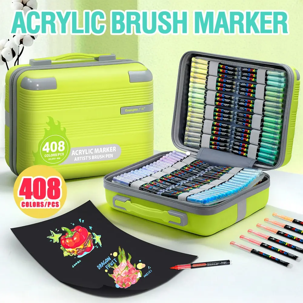 408 Color Acrylic Paint Marker Set, Portable Handheld Case, Waterproof Fast-Drying Markers, DIY Art Supplies, Student Office Tools