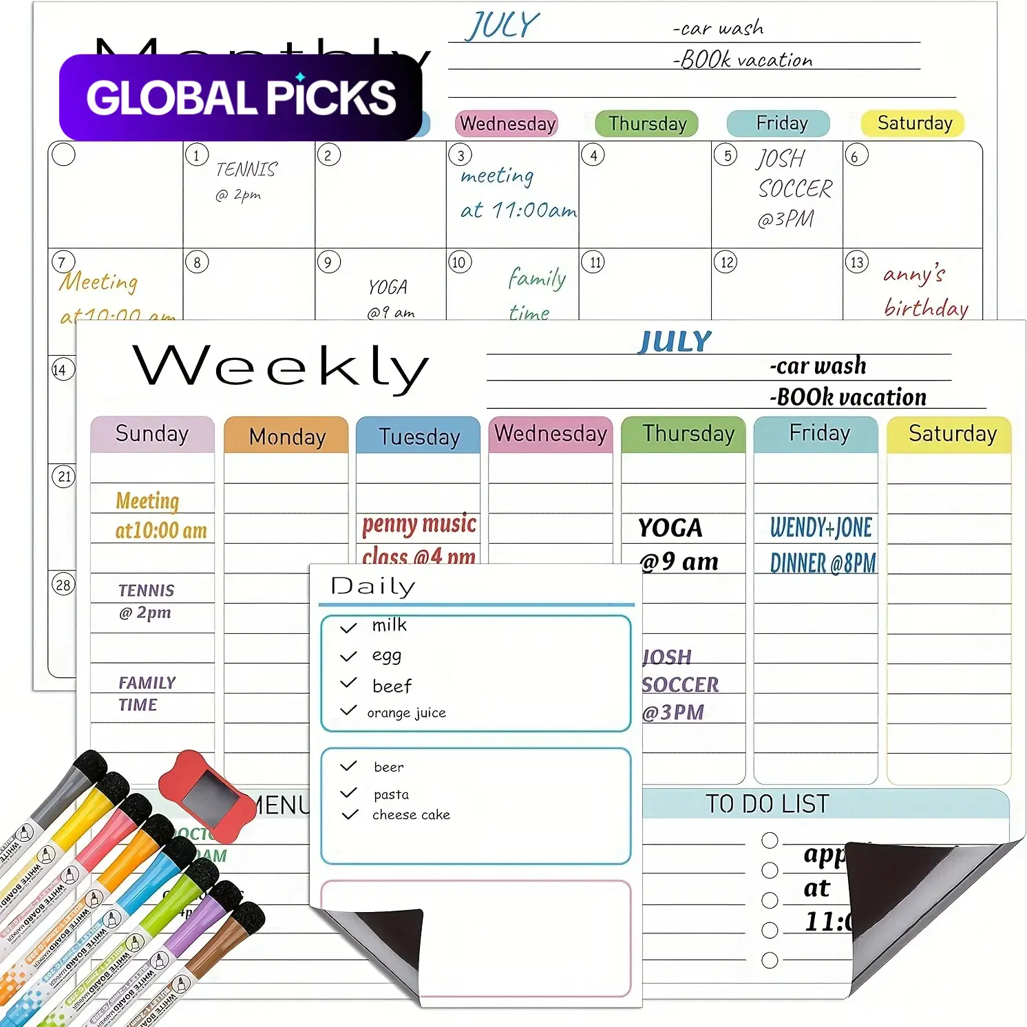Magnetic Erasable Calendar Whiteboard Set, Magnetic Dry Erase Calendar, Magnetic Calendar for Fridge, Weekly Fridge Schedule Planner, 1- or 3-Piece Refrigerator-Compatible Set with Monthly, Weekly and Daily Notes, Bonus Markers and Eraser