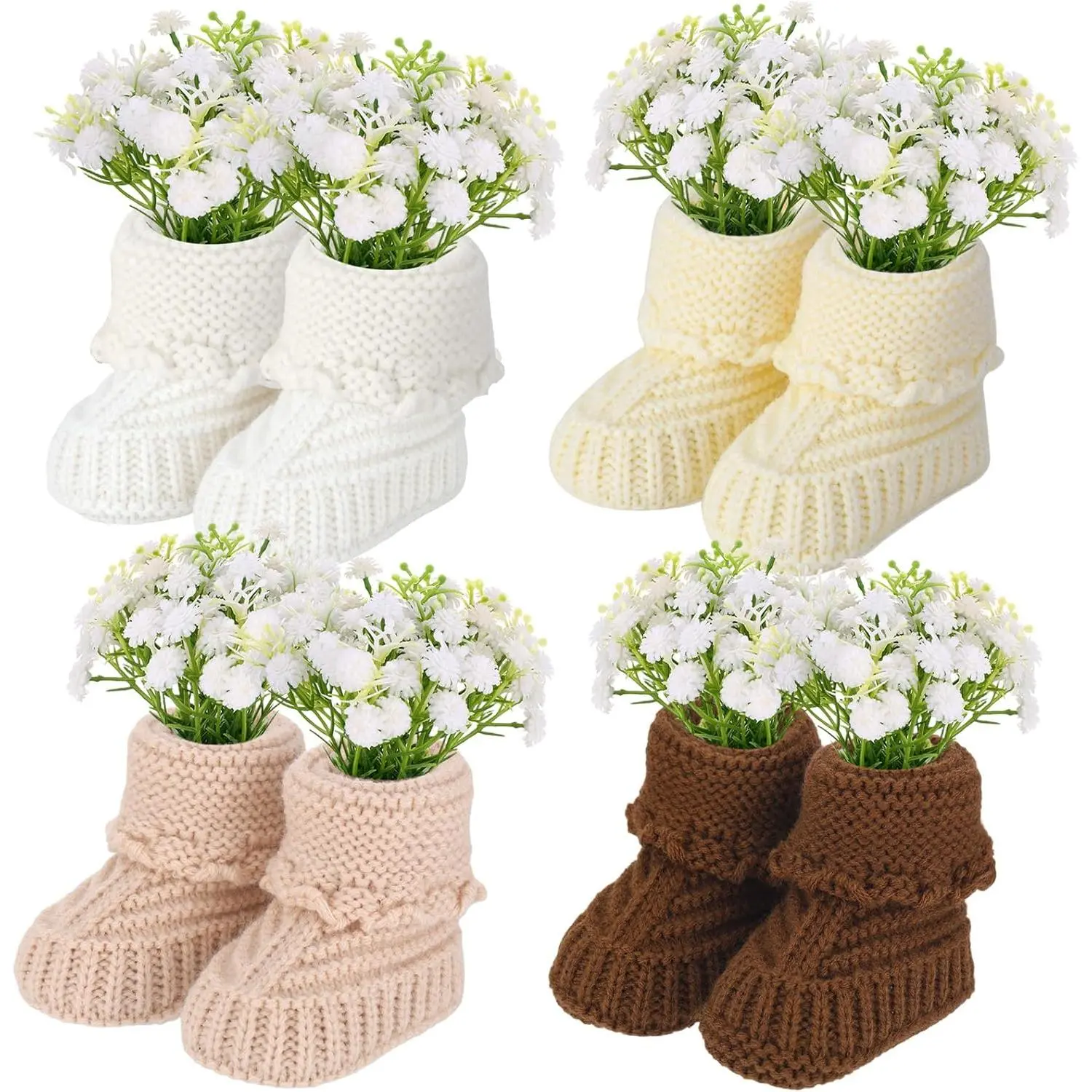 4-Set Classic Cotton-Synthetic Knitted Mini Booties & Artificial Flower Bouquet Boho Table Centerpieces for Baby Shower, Gender Reveal Party Decorations