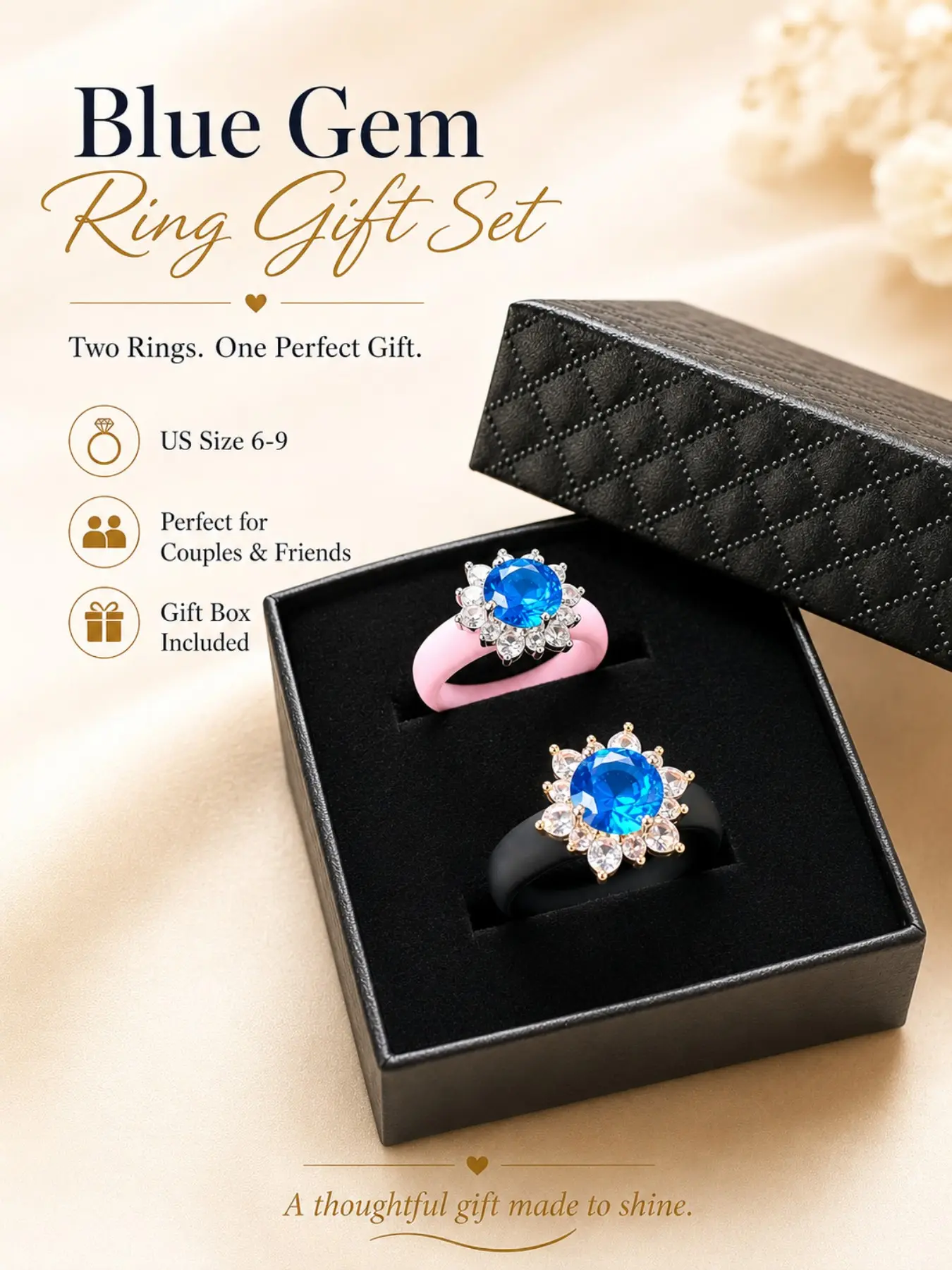 Couple Sunflower Blue Sapphire Crystal Rings Set, Multi-Color Silicone Band, Gift Box Included, Sizes 6-9 Available