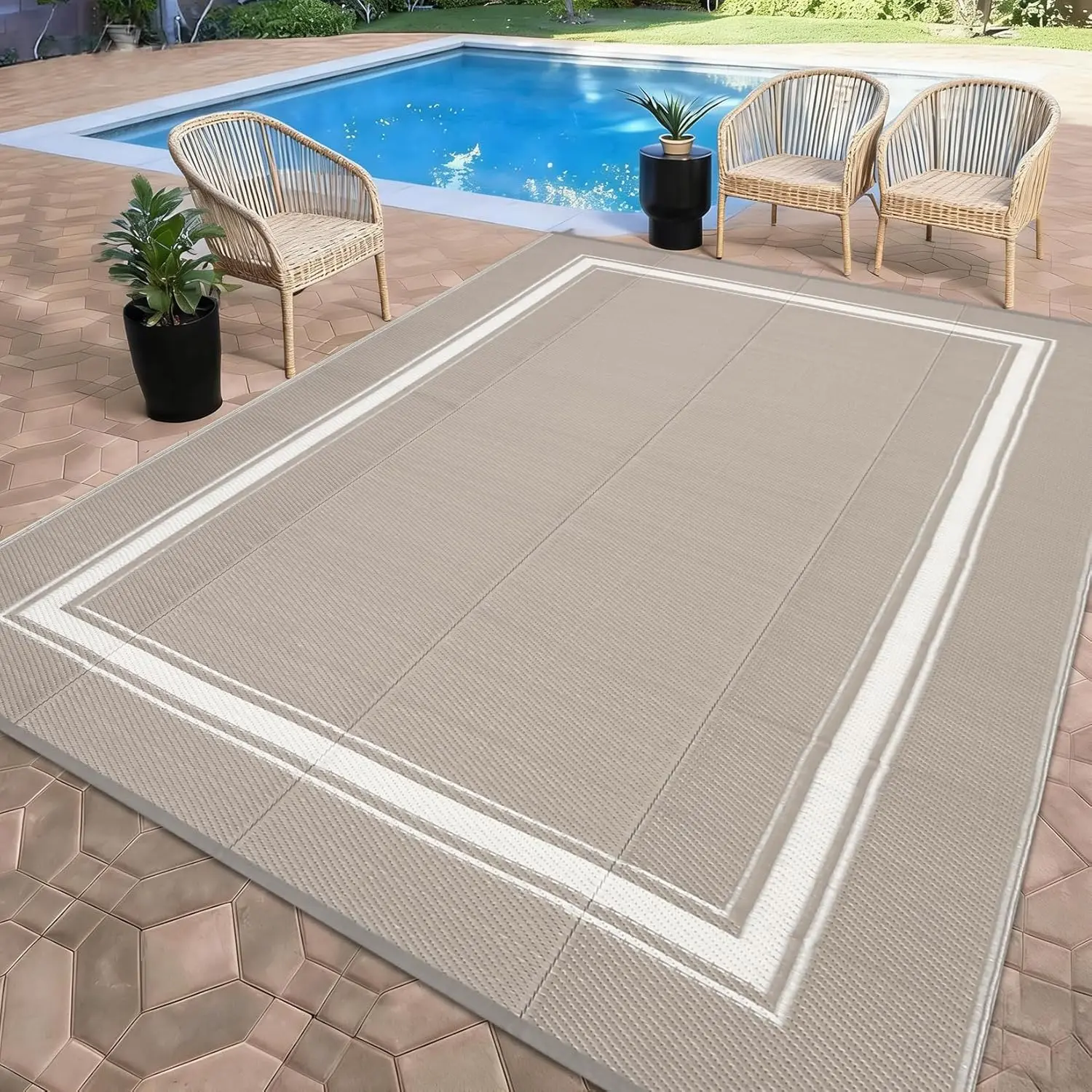 Waterproof Border Stripe Reversible Plastic Straw Weave Outdoor Rug - Multi-Size Simple Look Mat, 10' x 14' Rectangular Option for Patio Camping, RV, Indoor Outdoor Use