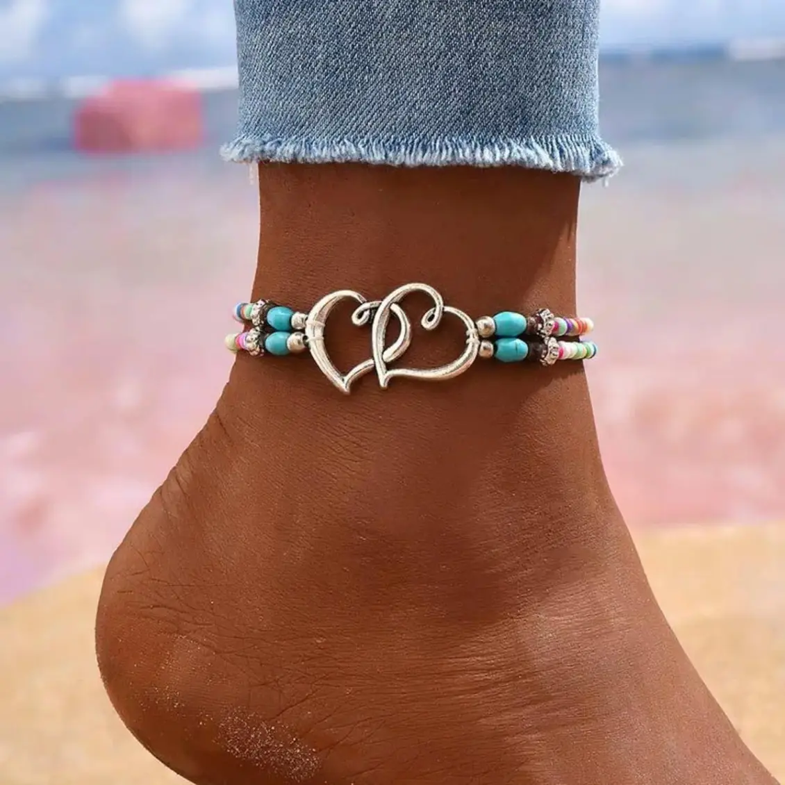 Women’s Anklet Bracelet Set, 3PCS Boho Layered Ankle Jewelry with Heart Charm & Beaded Chain Design, Trendy Summer Beach Foot Accessories, Lightweight Metal Alloy Statement Anklets for Vacation, Wedding, Party & Everyday Style