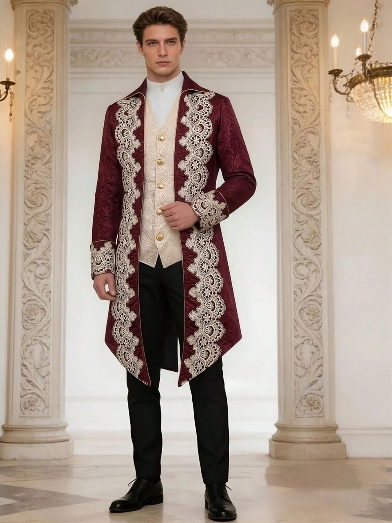 Men's Colorblock Medieval Tailcoat Gothic Victorian Frock Long Sleeve Coat, Stylish Historical Outerwear for Men, Perfect for Special Occasions
