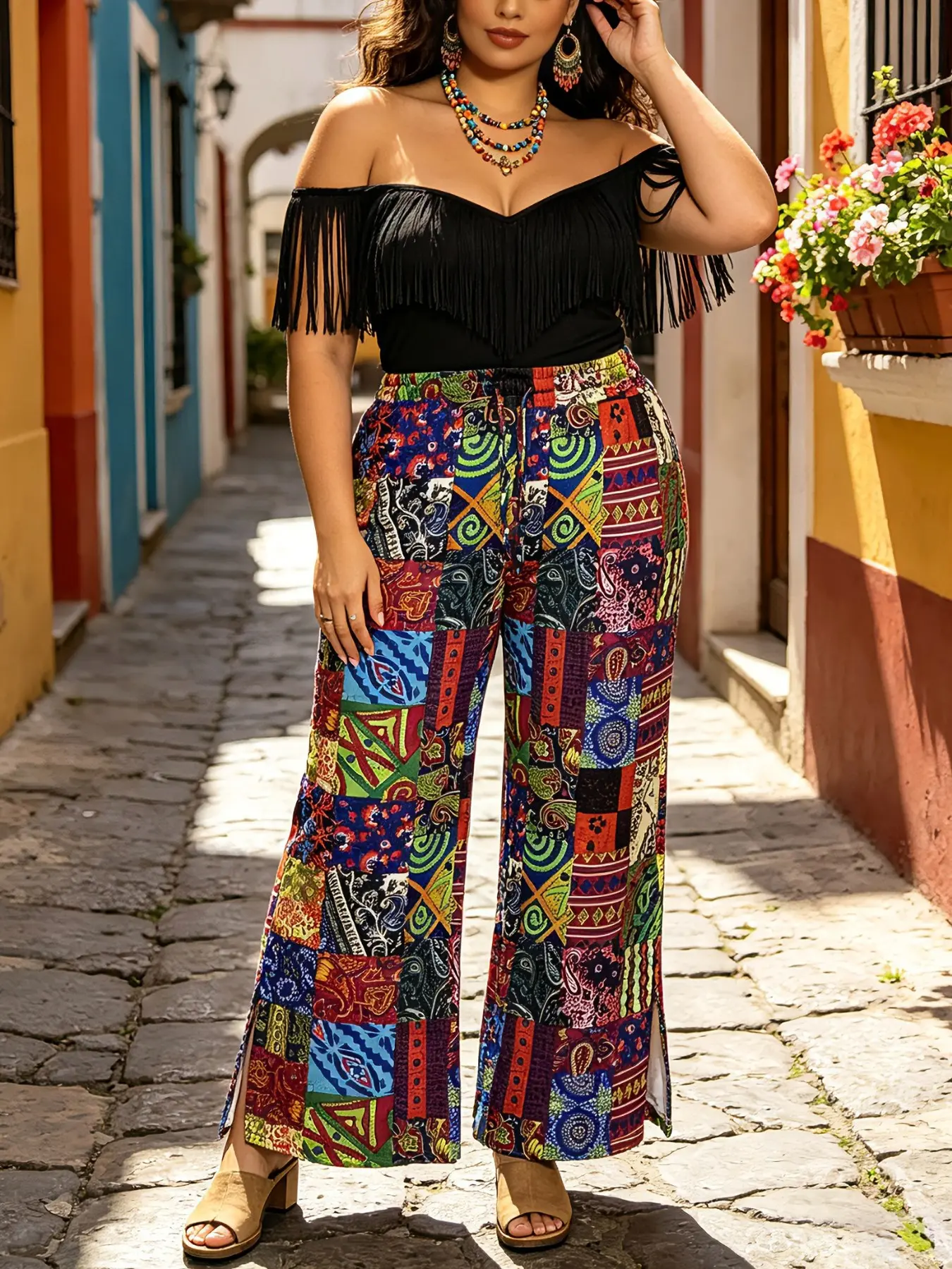 Plus Size Boho Patchwork Wide Leg Pants, Elastic Waist Side Split Tribal Print Long Pants, Vacation Beach Casual Pants