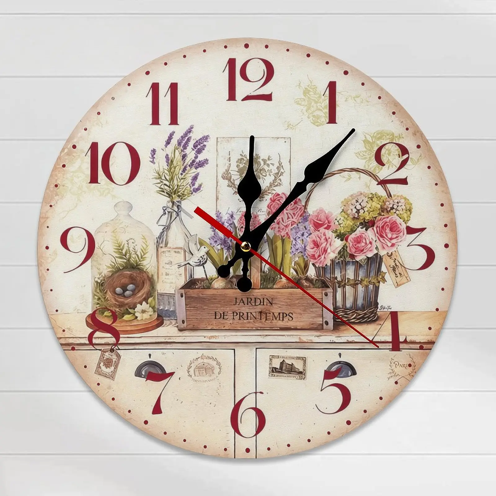 10/12 in Round Wood Analog Decorative Wall Clock - French Jardin de Printemps Floral, Wall Mount, Easy Assembly, Aged Cream Rustic Vintage Cottage Farmhouse Home Supplies for Cottage Lovers