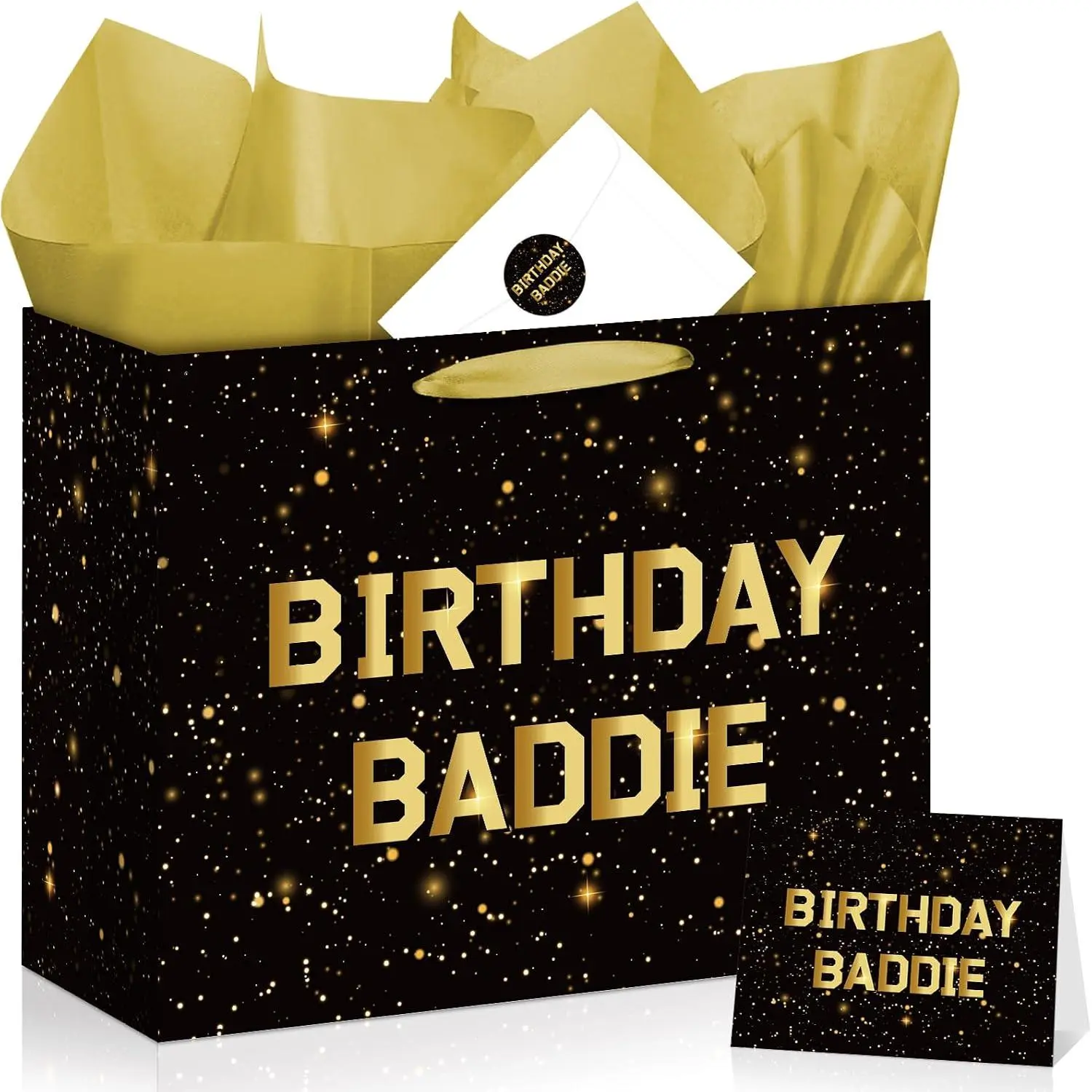 Funny Birthday  Bag for Women Birthday Baddie  Bag, Black  Glitter  in   Wrapping Set with Greeting Card, Sticker, Envelope,  Tissue Paper, Sassy Party Present Wrap for Women, Bestie, Girlfriend