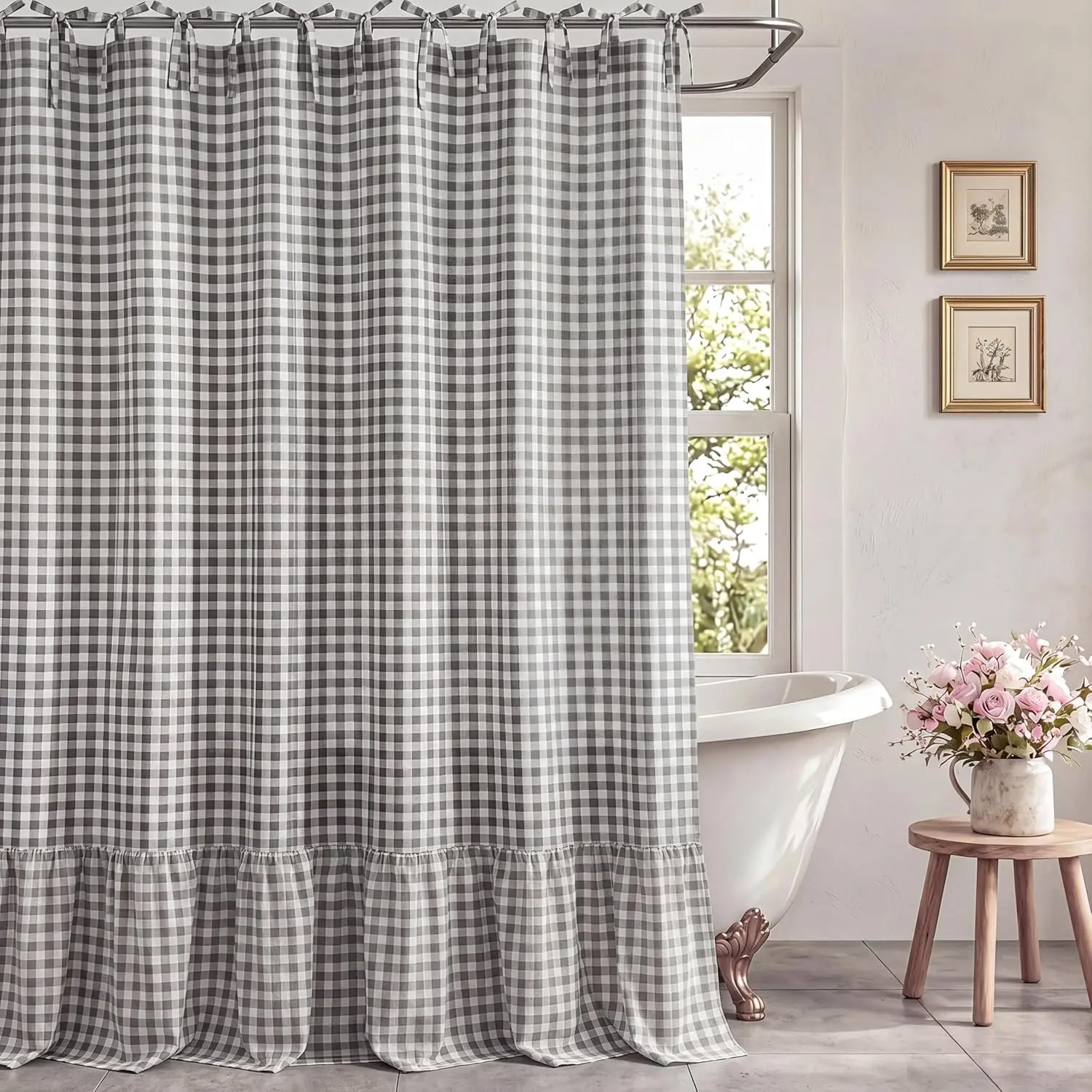 72x72 in Boho Farmhouse Gingham Check Linen Blend Shower Curtain - Ruffled Edge Tie Top, Iron-Friendly, Machine Washable, Rustic Vintage Country Bathroom Decor for Everyday Bath, Easy Installation