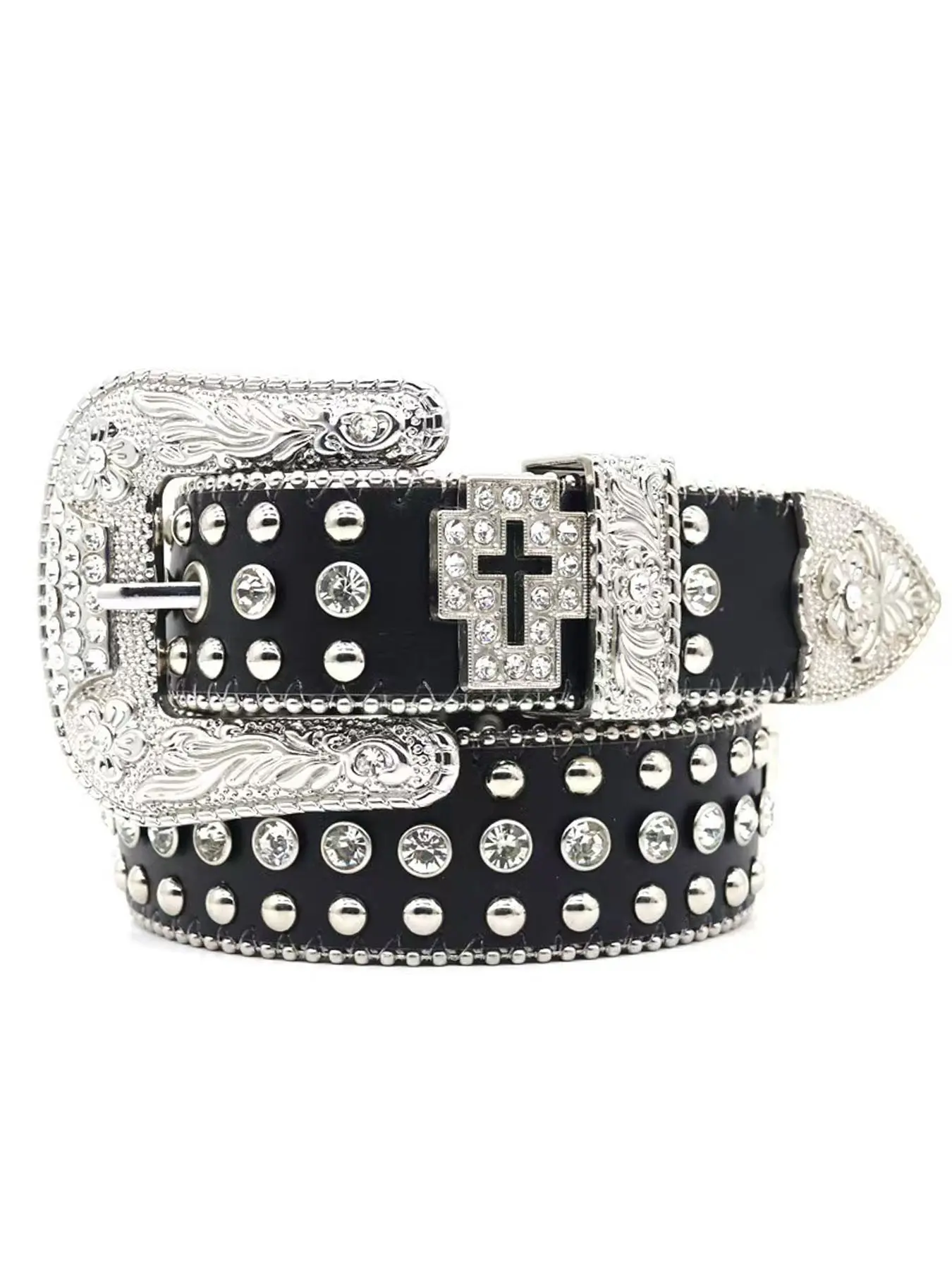 Western Cowboy Style Rhinestone Belt, Unisex Hollow Cross Accessory, Perfect for Jeans,Ppunk Streetwear, Y2K Fashion, Daily Wear, Statement Belts