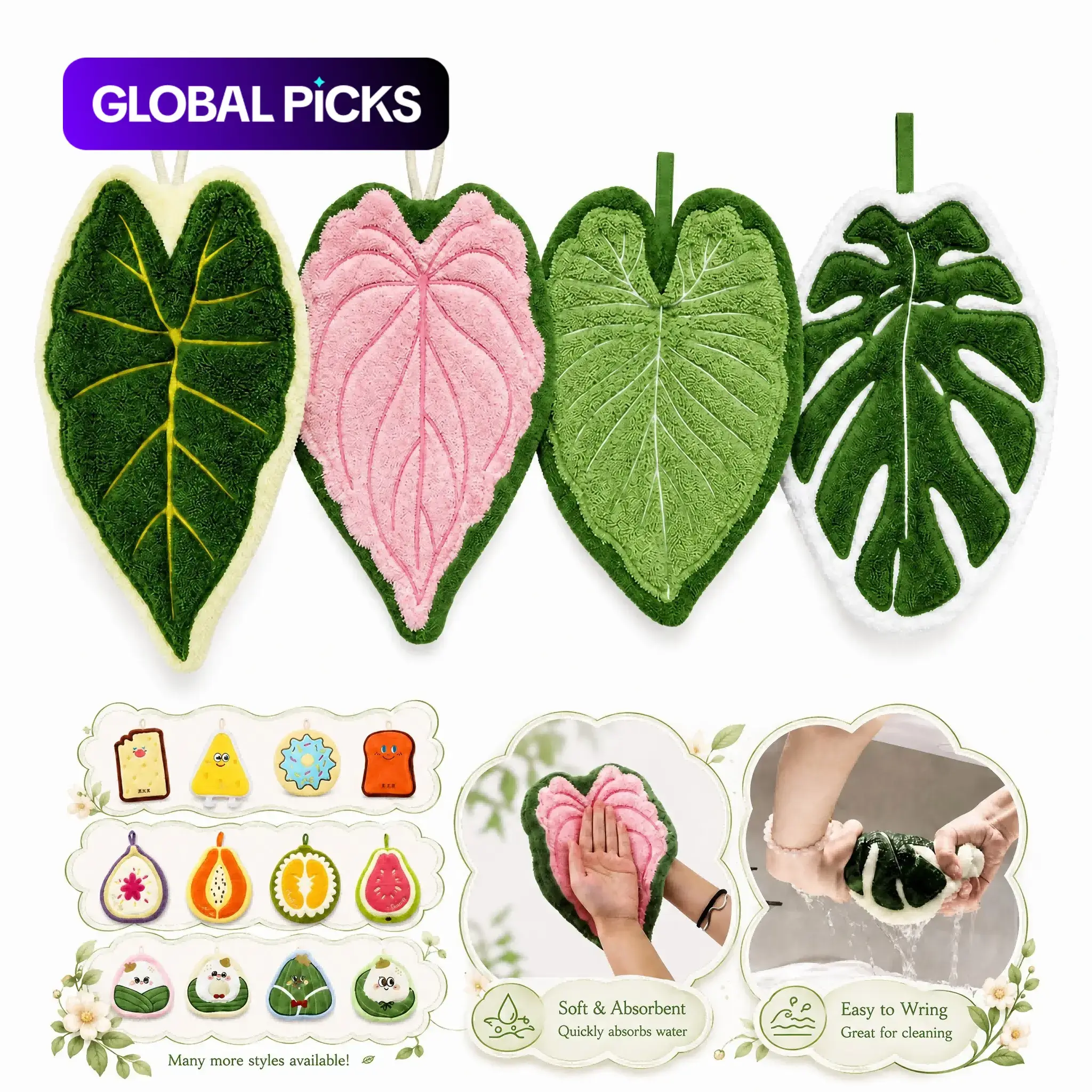 4-Pack Leaf-Shaped Hanging Kitchen Towels, Cute Decorative Coral Fleece Tropical Plant Hand Towel, Kitchen Linens, Highly Absorbent, Quick Dry, No Shedding, Versatile Use, Bathroom/kitchen/living Room #GLOBAL PICKS