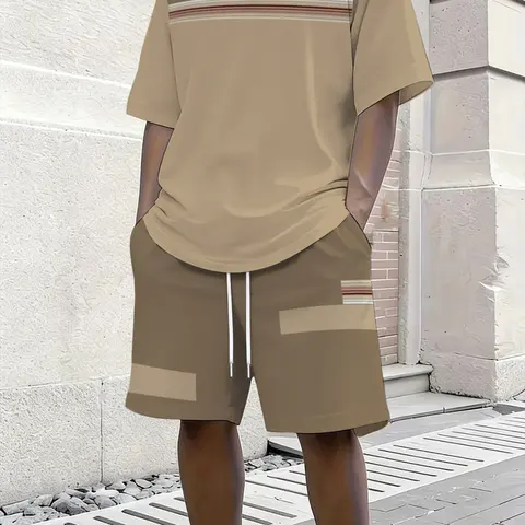 Men's Outdoor Summer Set, Casual Short Sleeve T-Shirt + Track Shorts, Geometric Print, Fitted, Drop Waist, Perfect for Fitness & Gifts