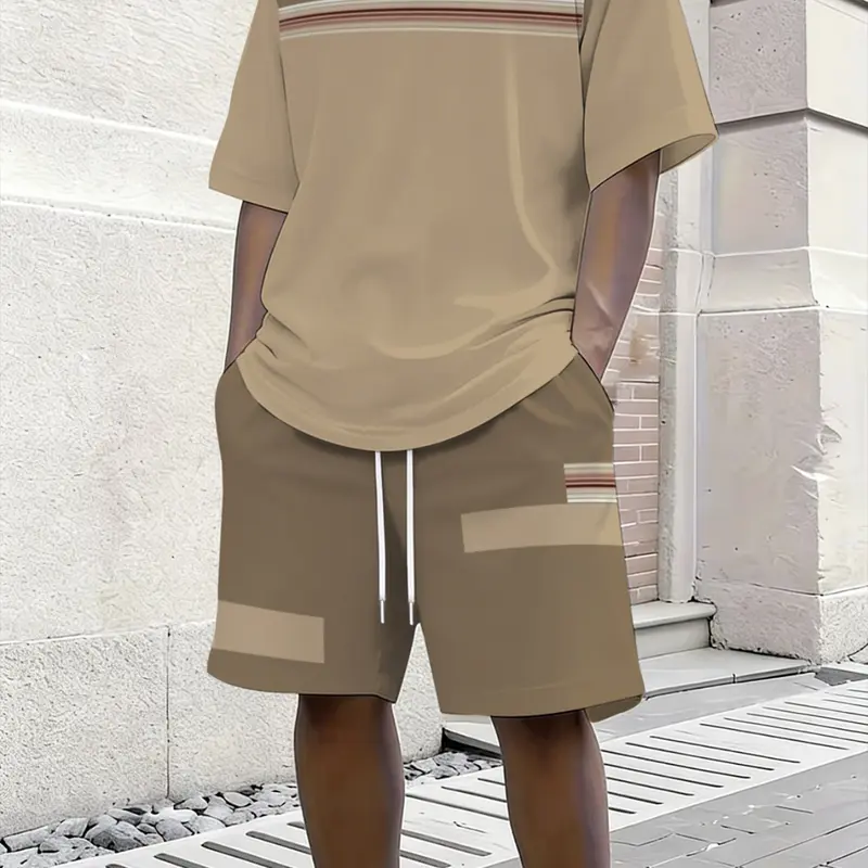 Men's Outdoor Summer Set, Casual Short Sleeve T-Shirt + Track Shorts, Geometric Print, Fitted, Drop Waist, Perfect for Fitness & Gifts