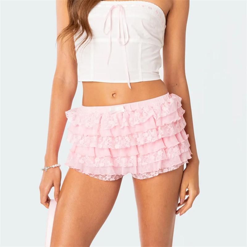 Women Mesh Lace Bloomer Shorts Y2k Layered Ruffle Frilly Booty Shorts Fairy Bowknot Boy Shorts Panties Party Clubwear