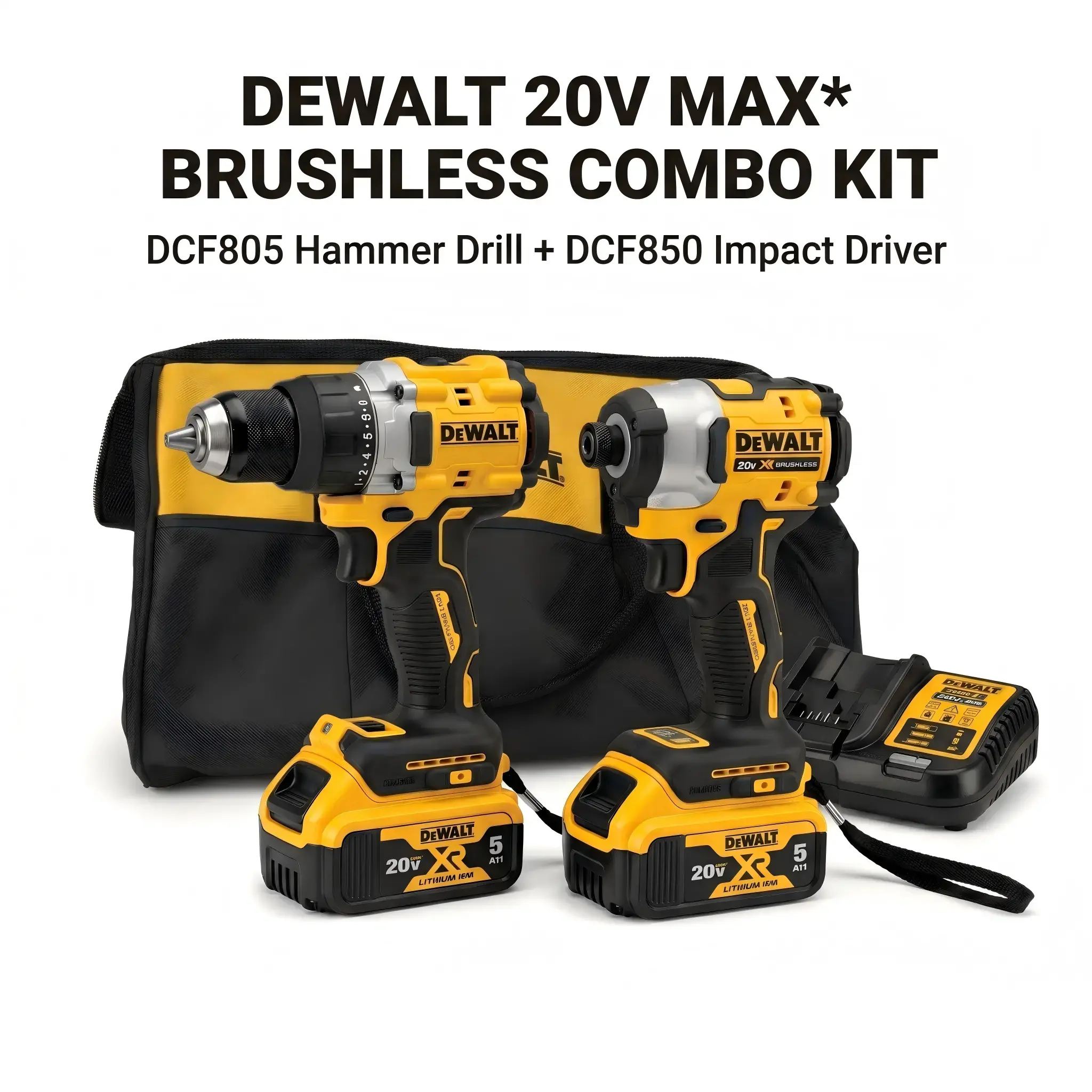 DEWALT DCF805 & DCF850 Brushless Cordless Drill Driver & Impact Driver Combo Kit, Work Tools for DIY Users, High Torque, Variable Speeds, Li-Ion Battery, Reverse Function, Wrench for Drilling Tasks repair industrial job site mechanical