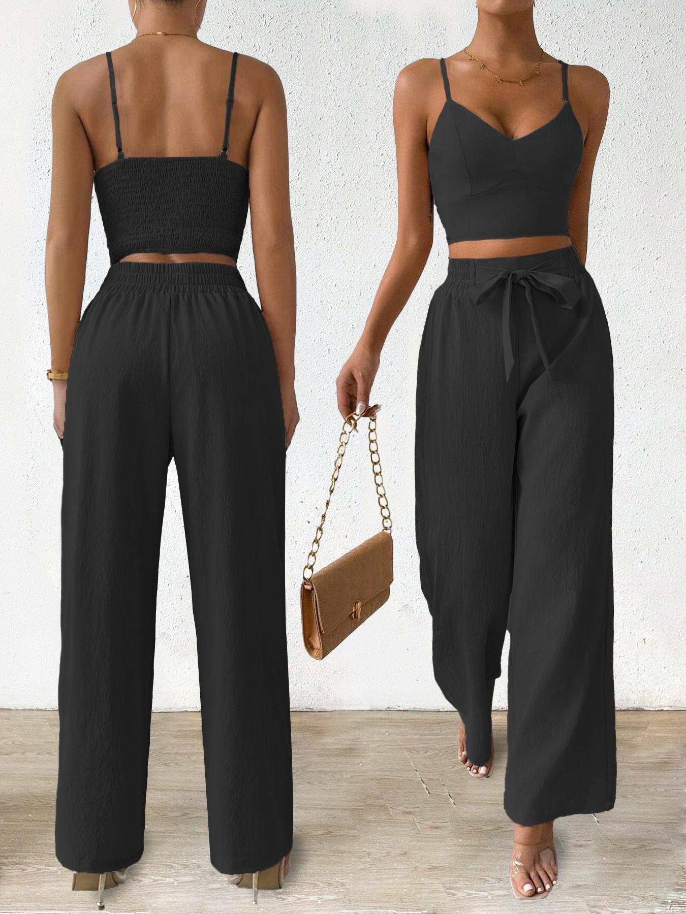 Women's Solid Crop Cami Top & Wide Leg Pants Two-piece Set, Casual Comfy Two Piece Outfits for Daily Wear, Ladies Clothes for All Seasons, Womenswear