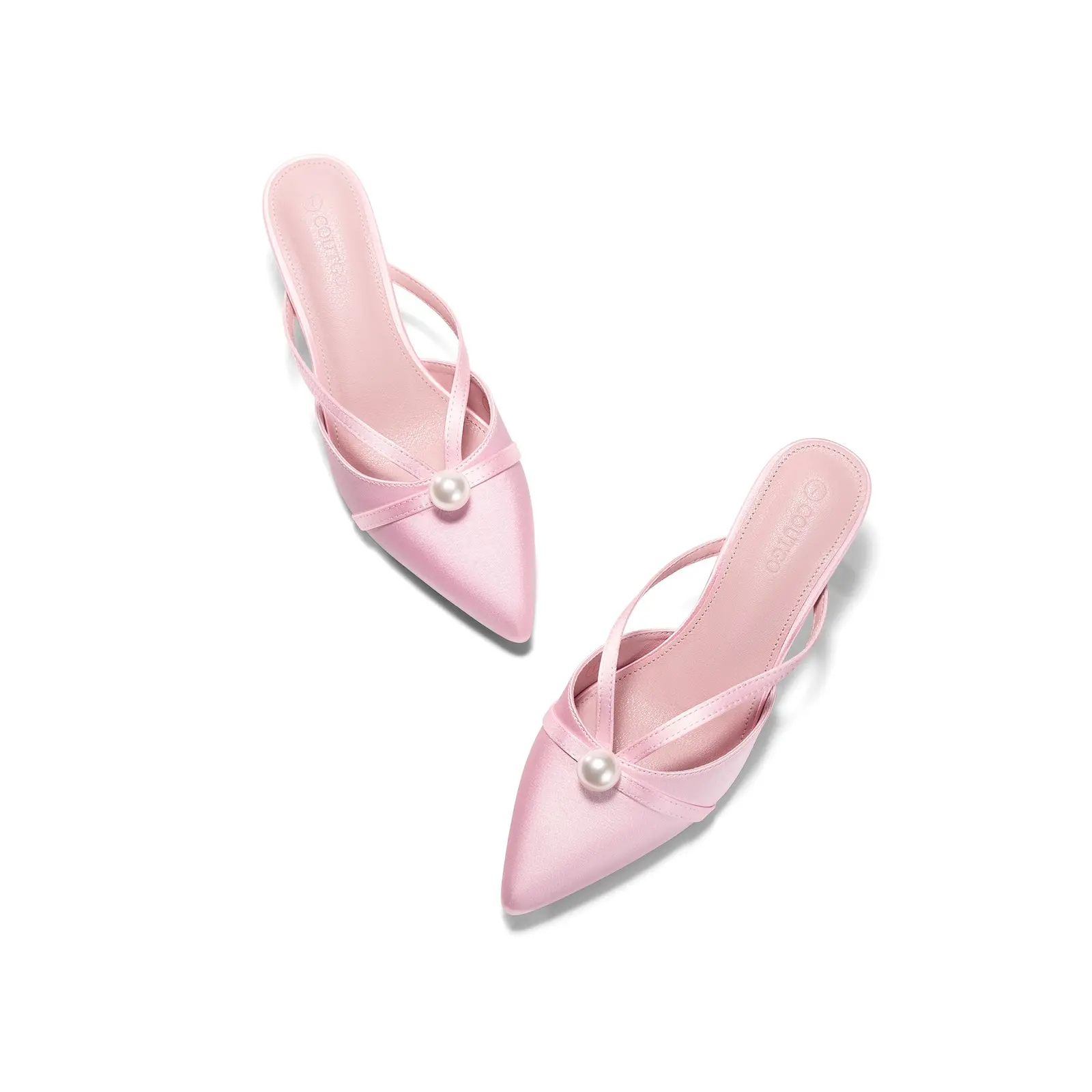 Coutgo Women's Elegant Kitten Heel Mules, Pointed Toe Satin Fabric Shoes with Pearls, Lightweight Pull-On for Party & Wedding, Casual Wear, Holiday, Basic, Plain, Fashion