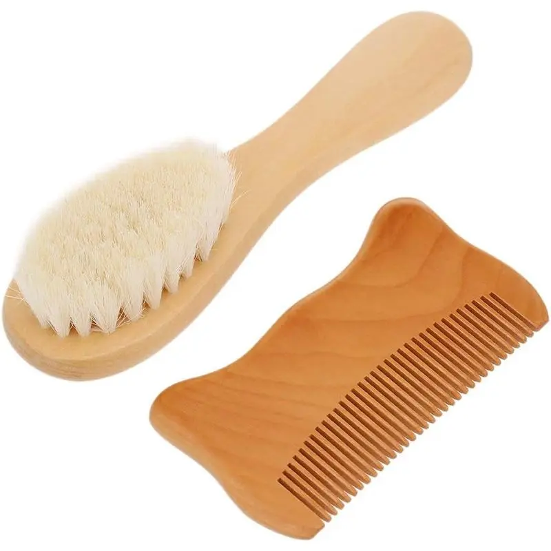 2 Pack Hair Brush and Comb Set, Natural Soft Wool Brush & Wooden Comb, Newborn Scalp Massager, Baby Grooming Kit