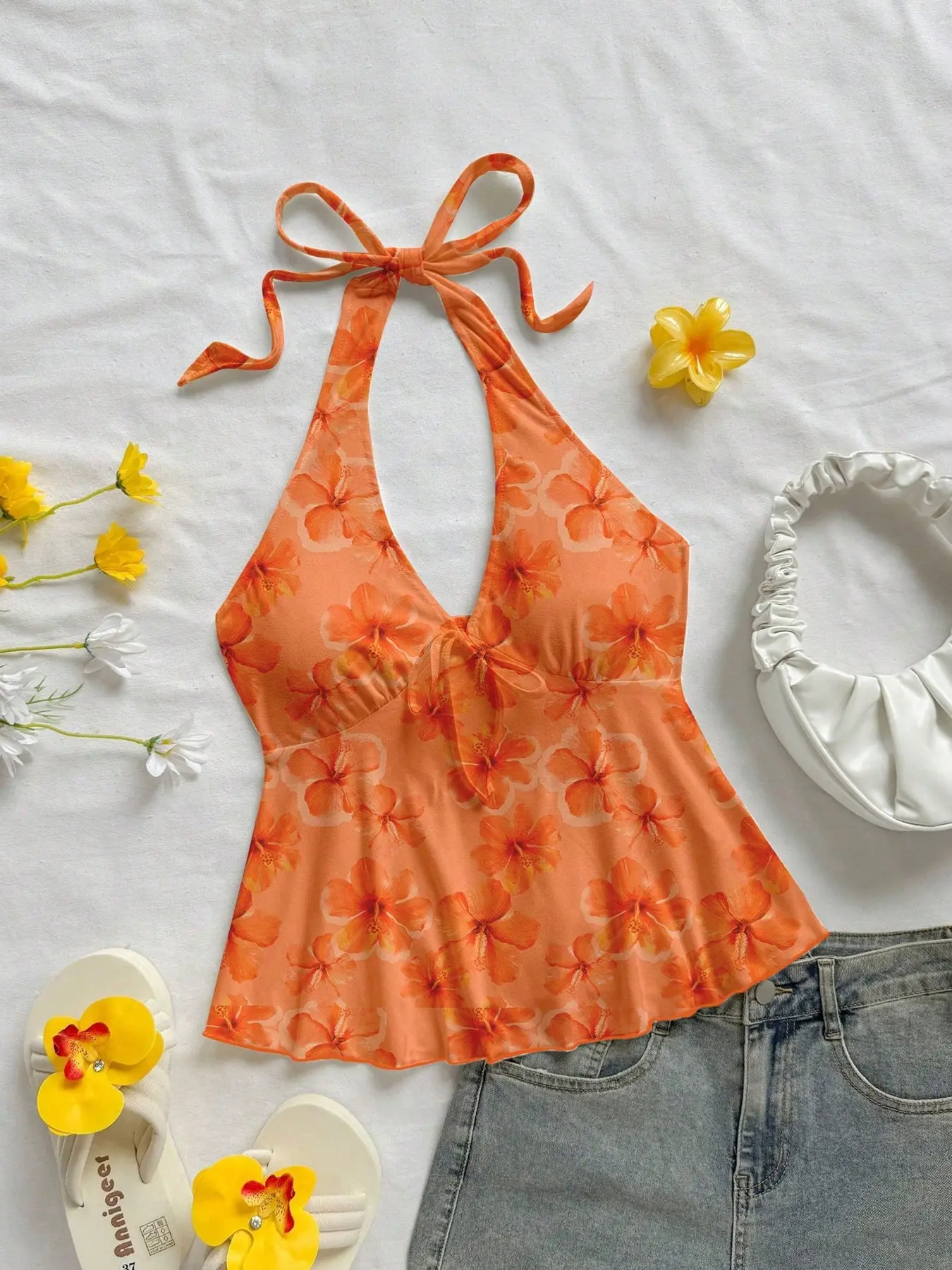 Women's Tropical Floral Print Halter Neck Top, Fitted, Peplum Hem, Elegant Leaf Edge Design, Stylish Chic Summer Clothing, Perfect for Casual Wear, Unique Fashion Piece