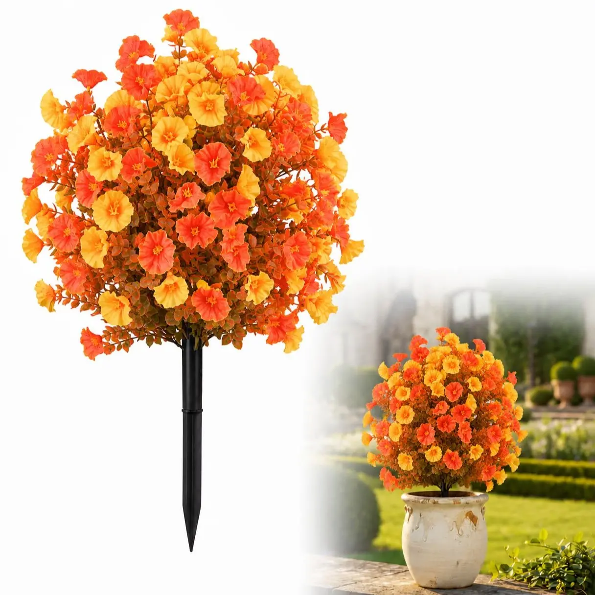 1 Pack Fall Artificial Morning Glory Topiary Balls with Ground Stakes, UV Resistant Waterproof Fade-Proof, Autumn Halloween Thanksgiving Decor for Porch Planters Garden Pathway Fence Outdoor Decor
