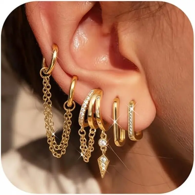 5pcs Earring Stacks Suitable for Daily Wear & Party, Golden Tone Plated Dainty Huggie Dangle Hoops with Cartilage Piercing Jewelry, Claw Chain Hoops for Huggie Hoops, Retro Elegant Ear Piercing Gift for (Birthday/Christmas)