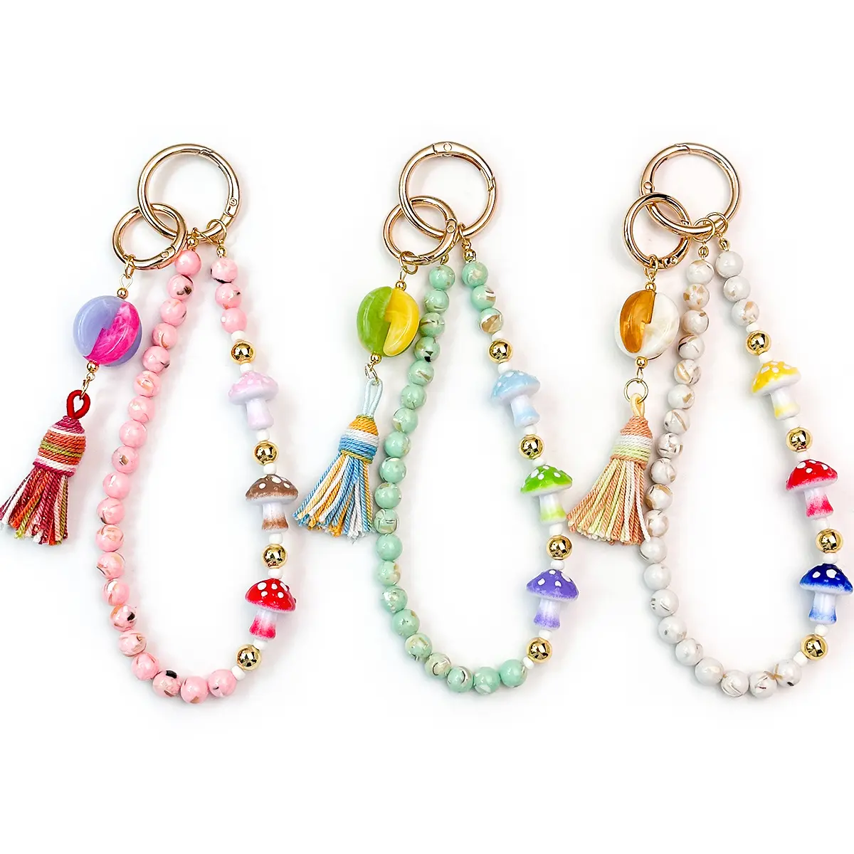 Boho Mushroom Beaded Bag Charm Cute Tassel Keychain Wristlet Hand Strap Pendant for Backpack Tote Bag Decoration