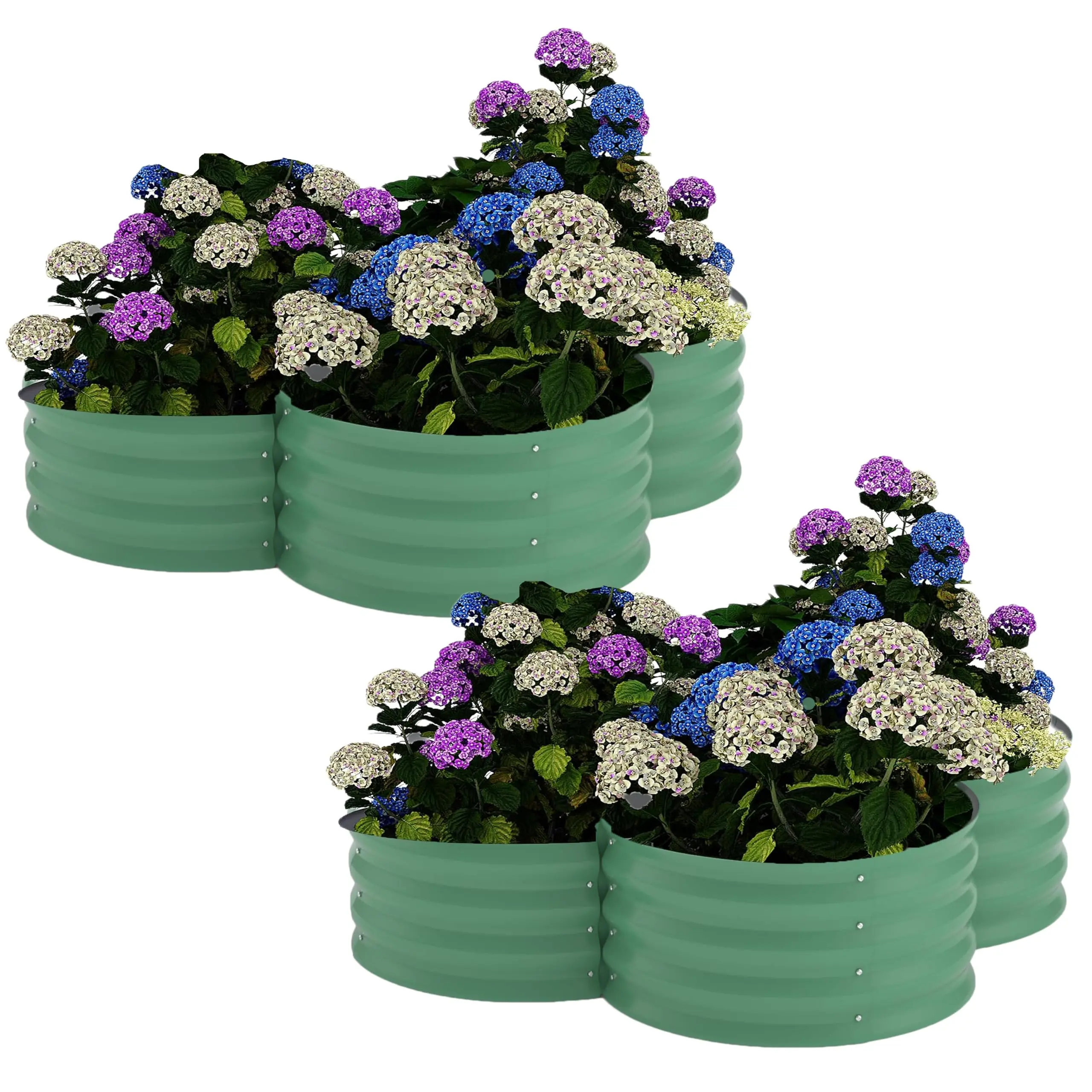 Garvee Pack of 2 galvanized garden beds in petal shape with open base, planter connected to the floor for deep root growth in herbs, vegetables, and flowers (durable design)