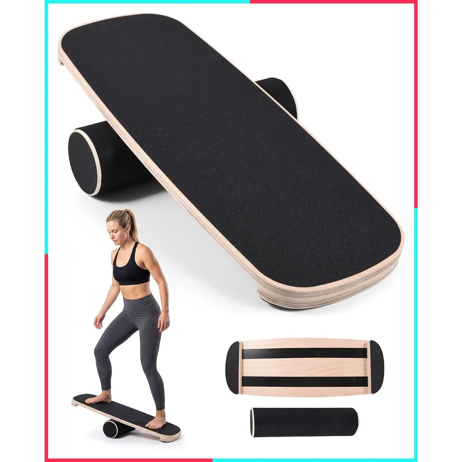 Balance Board for Adults, Surf Trainer with Wooden Roller – 300lbs Capacity Non-Slip Wooden Surface for Surfing, Snowboarding, Skateboarding, Yoga, Core Strength & Balance Training