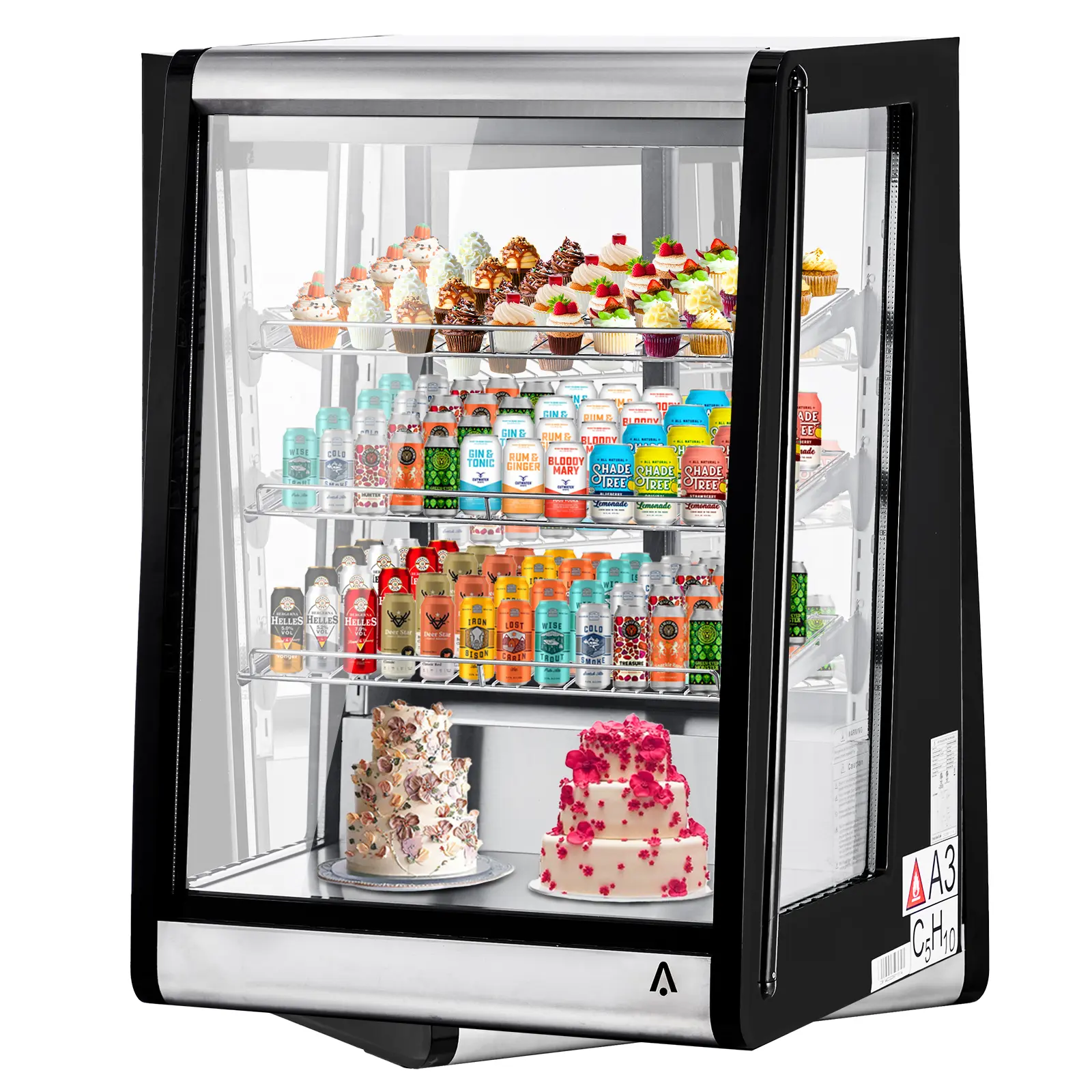 Garvee 5.2 Cu.Ft Countertop Cake Display Refrigerator - Double-Layer Tempered Glass - Digital Temp Control - LED Lighting - 2 Adjustable Chrome Shelves - Anti-Fog Merchandiser Fridge for Bakery, Cafe, Restaurant, 110V, Black & Stainless Steel
