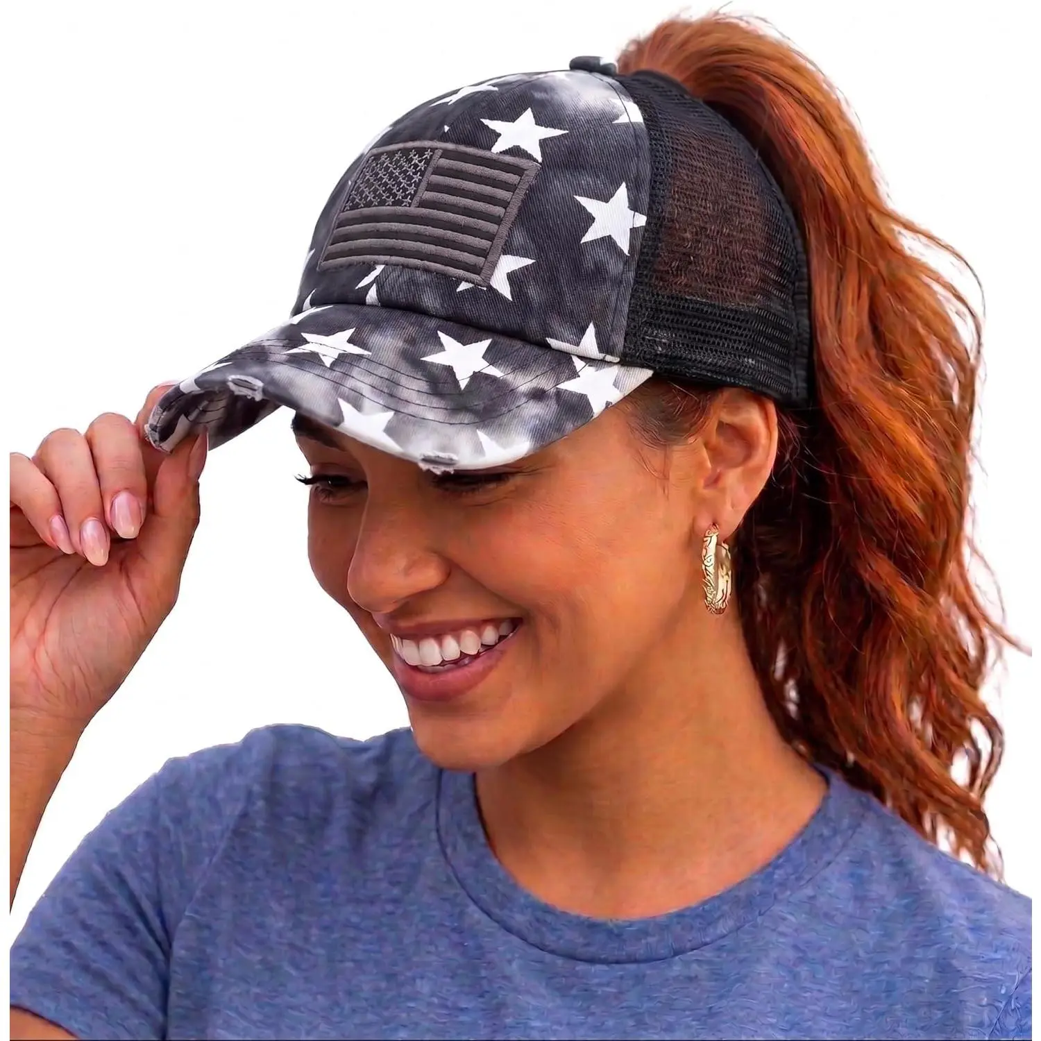 Funky Junque Ponytail Hat for Women - Baseball Cap with Adjustable Fit & High Pony Tail Criss Cross Back for Everyday Wear