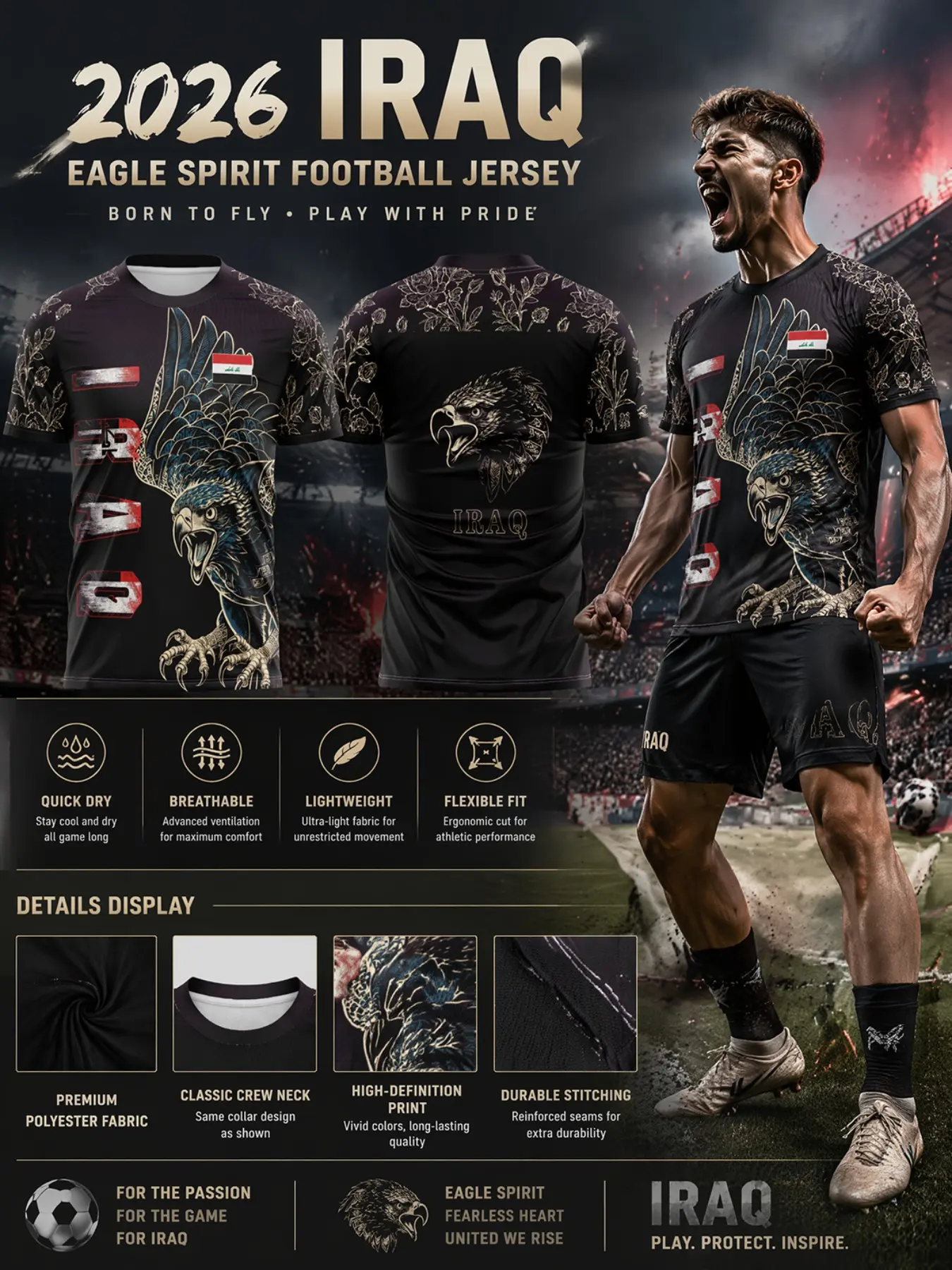 Iraq Eagle Spirit Gold Jersey, Men's Quick-Dry Soccer Shirt, Lightweight Football Jersey, Soccer Jerseys, Breathable Lightweight Fit, Patriotic Fan Gift, All Seasons