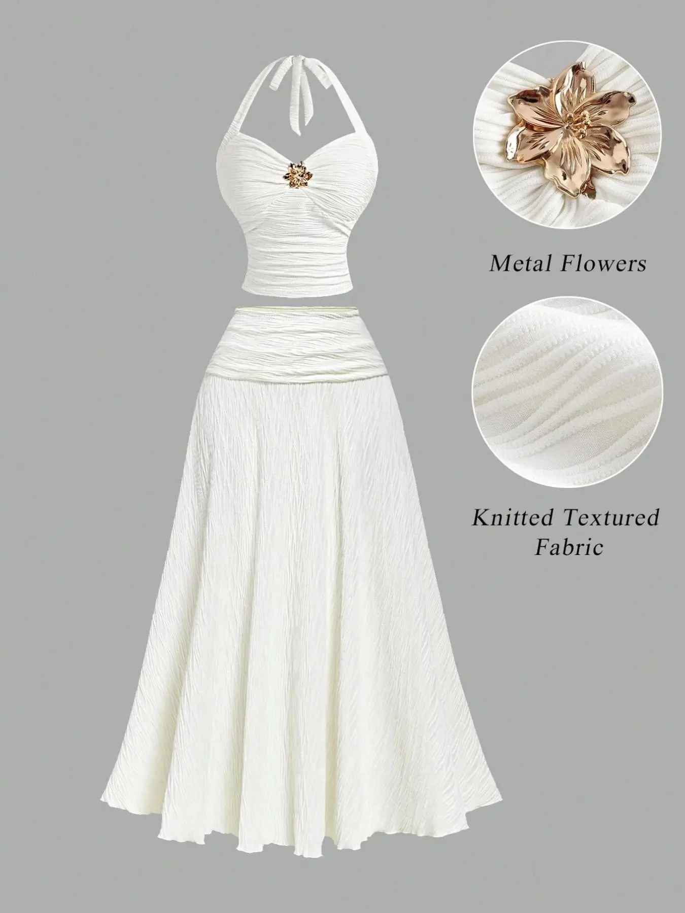 2 Piece White Halter Midi Skirt Set Textured Knit Crop Top & Flowy Long Skirt Metal, Floral Ruched Bust Waist Wrap Design Cottagecore Romantic Beach Aesthetic Wrinkle Resistant Soft Stretch Fabric Slim Fit For Young Women Vacation Date Picnic, Womenswear