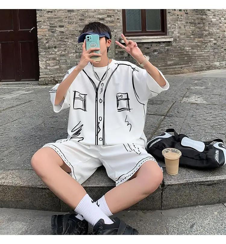 Summer Elegant Fashion Harajuku Slim Fit Ropa Hombre Loose Casual All Match Sports Suit Ice Shreds Short Sleeve Two Piece Set