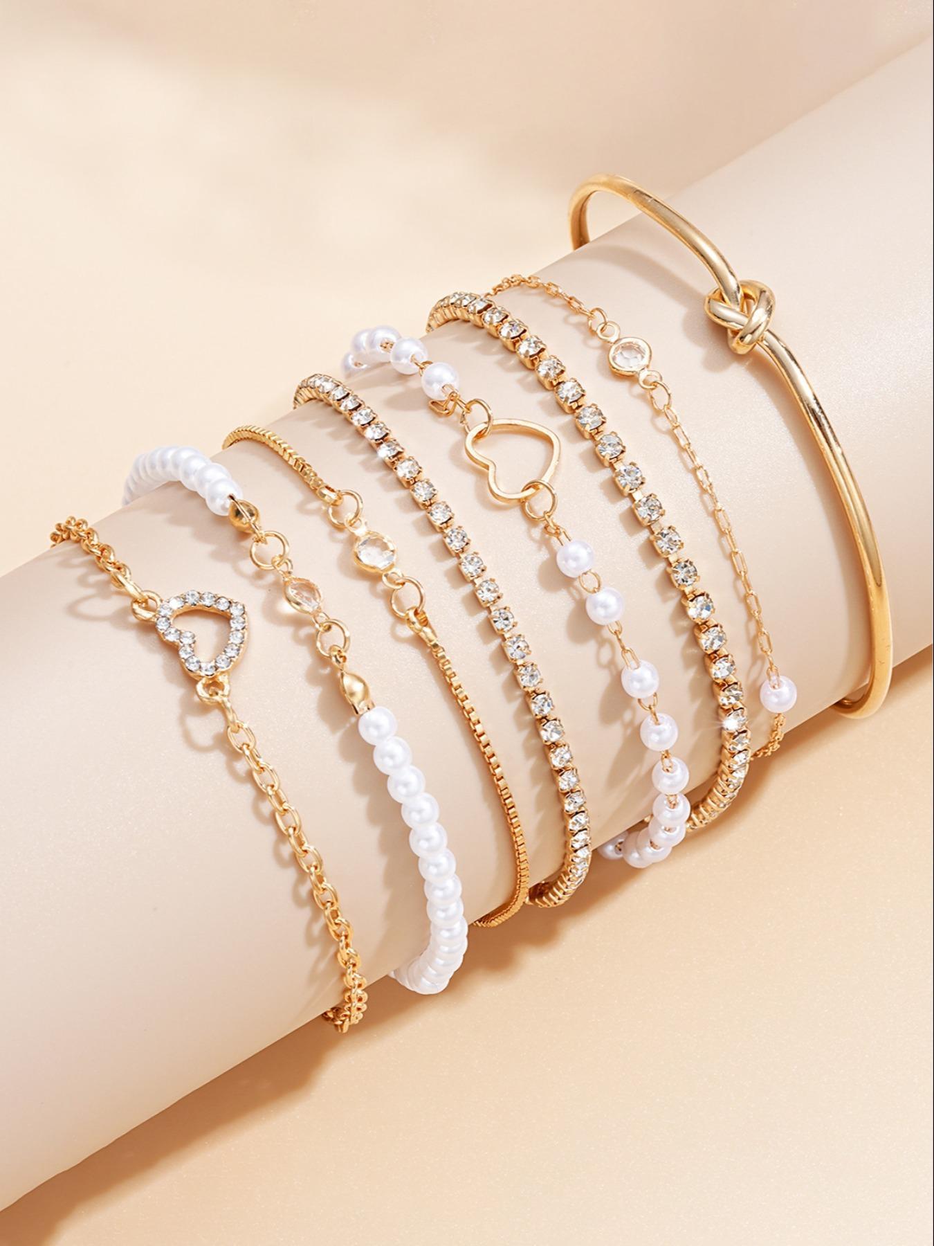 Women's Faux Pearl & Hollow Out Heart Design Bracelets, Open Bangle Bracelet, Simple Design Beaded Bracelet, Party, Daily Clothing Decor, Birthday Gift, Elegant Jewelry Bracelet