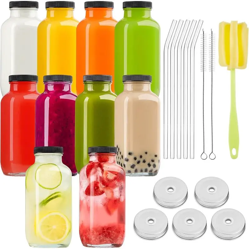 10 Pack 16oz Reusable Glass Juice Bottles, Leakproof Drinking Jars with Glass Straws & 2 Types Lids, Portable Glass Beverage Containers for Juicing, Smoothies, Iced Coffee & Homemade Drinks
