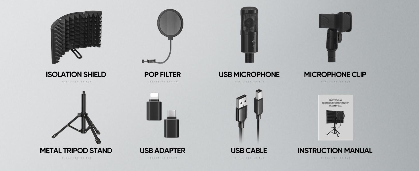 Studio Recording Microphone Isolation Shield with Pop Filter and Metal Tripod Stand, Studio Mic to PC Laptop Smartphone, Music Microphone for Recording Singing Podcasting