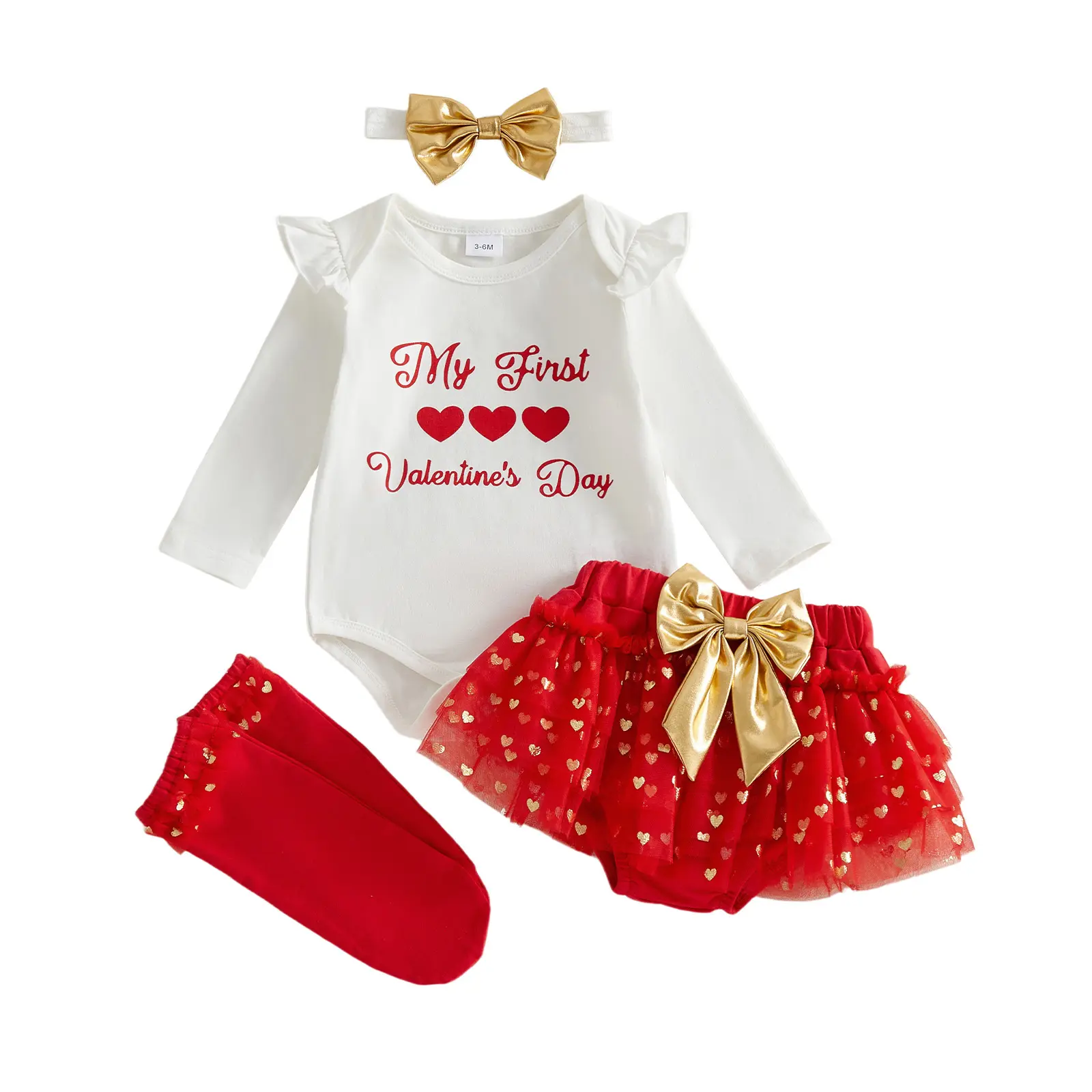 My1st Valentine's Day Baby Girl Outfit Long Sleeve Romper Bow Mesh Skirt Set Infant Spring Clothes Headband Stockings