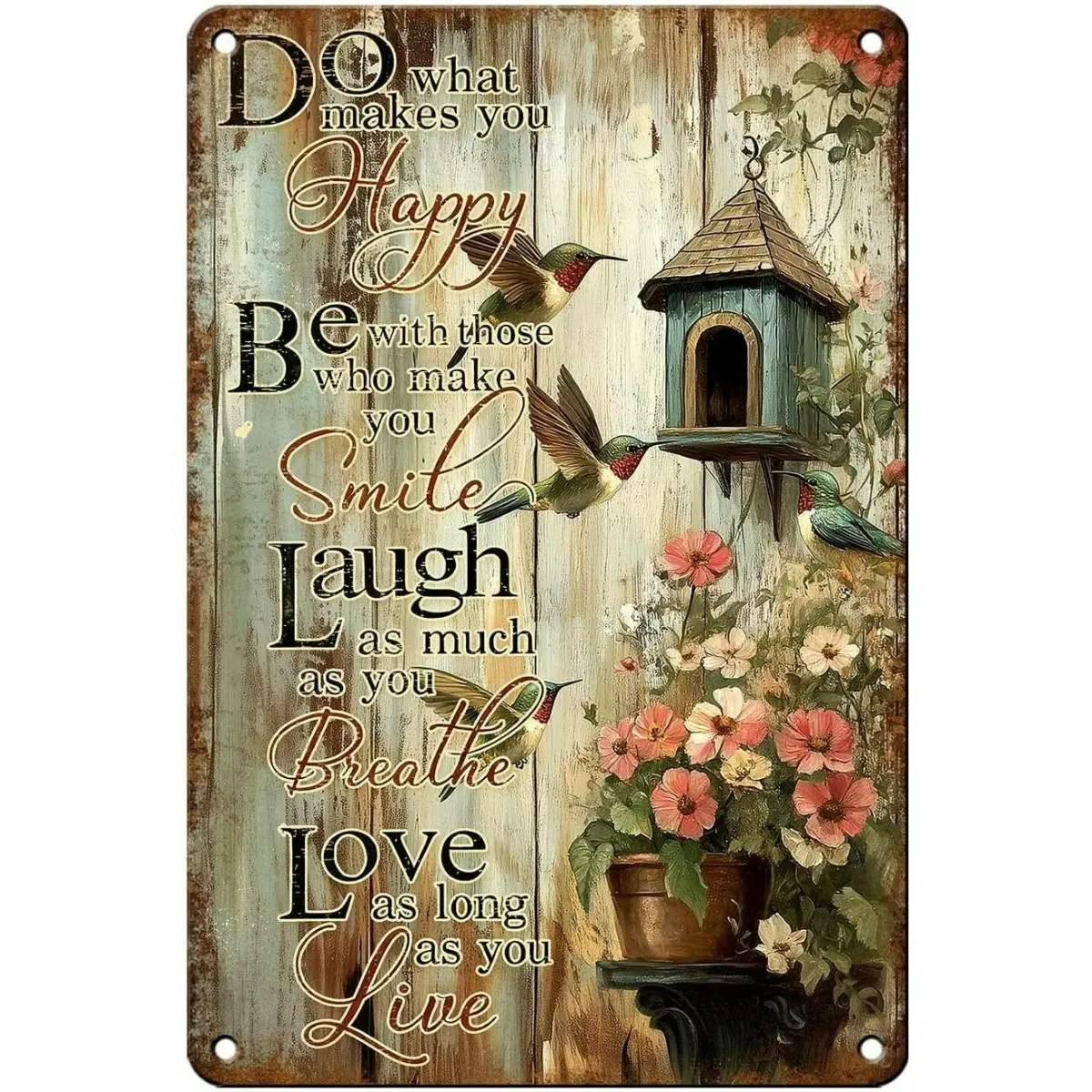 8x12 in Farmhouse Colorful Hummingbird Garden Sign, Decorative Inspirational Metal Hanging Wall Art with "Do What Makes You Happy" Floral Design, Outdoor Patio Home Decor Gift