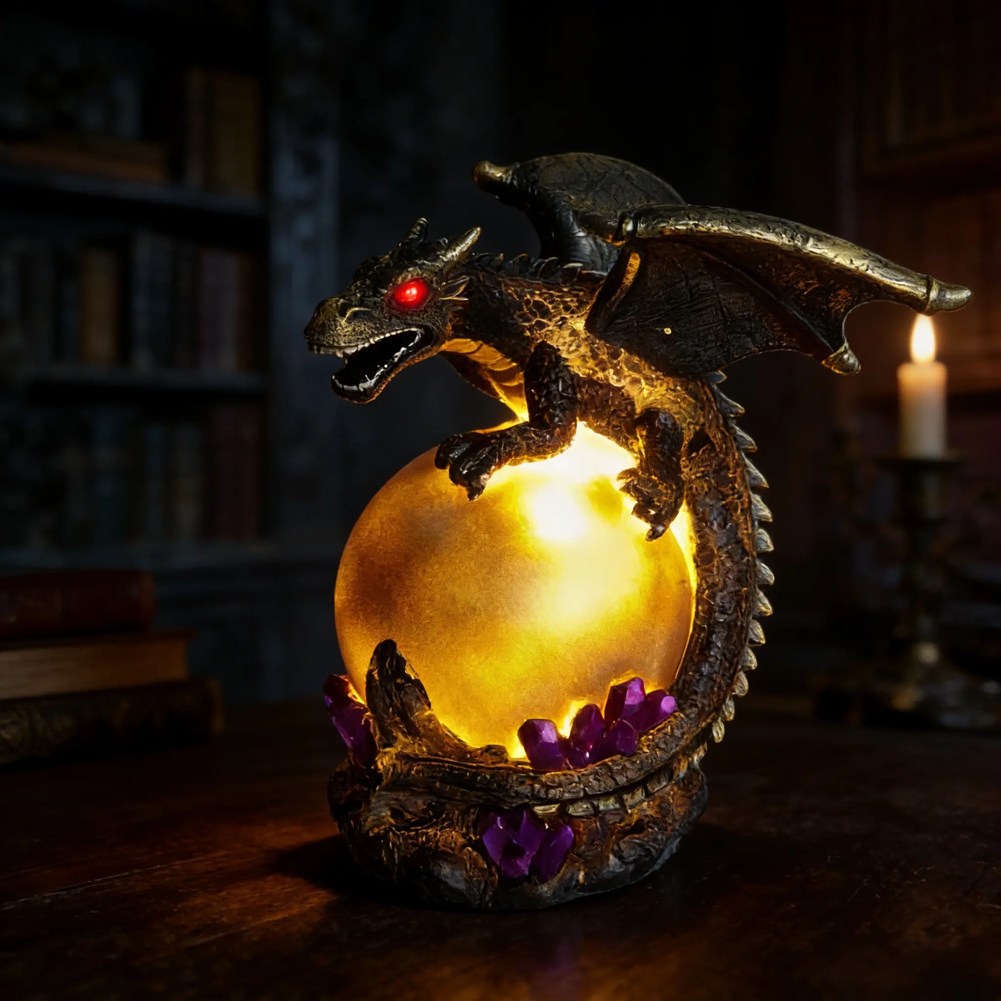 Medieval Dark Western Dragon Guardian Glowing Magic Ball Ornament, Vintage Fantasy Crystal Night Light, Gothic Room Desk Decor, Study Room Lamp