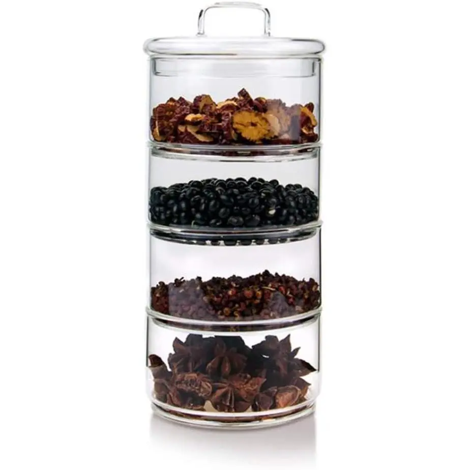 Glass Storage Jars with Lid,Multi-Tier Stackable Containers Kitchen Food Canisters Sweets Canning Glass Jar 4-Tier