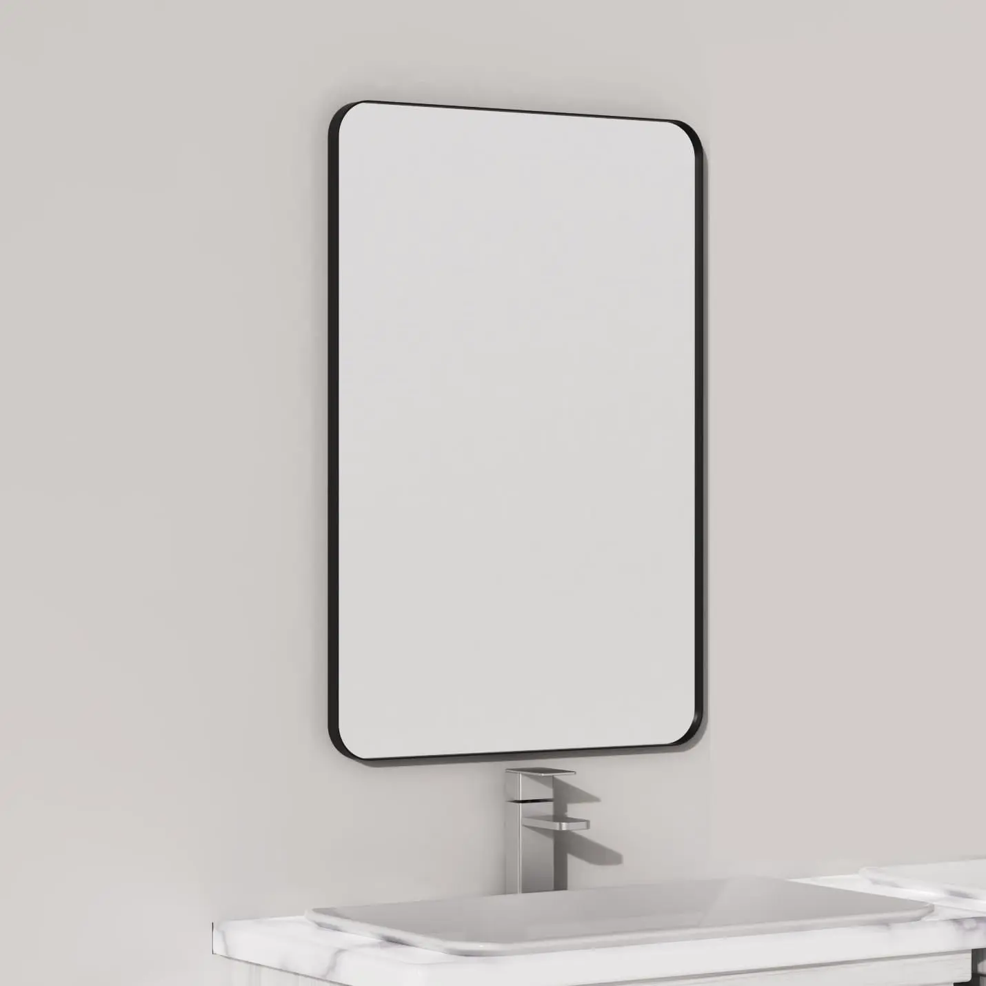 16x24 in Matte Black Metal Framed Wall Mount Bathroom Vanity Mirror, Rounded Rectangle Farmhouse Style, 1/4-inch Shatterproof Glass with Ultra-Flush Hanging Design