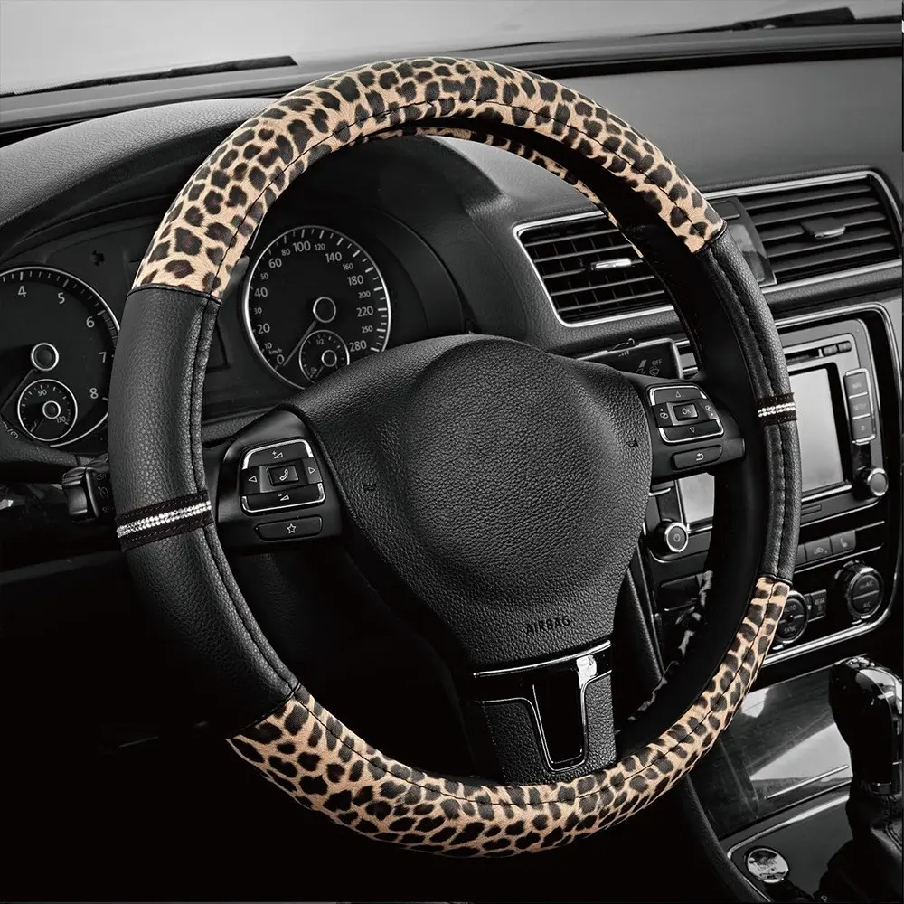 Fashion Leopard Print Steering Wheel Cover, 14.96 in/38 cm PU Leather Durable Anti-Slip Car Steering Wheel Protector, Universal Fit for Most Cars