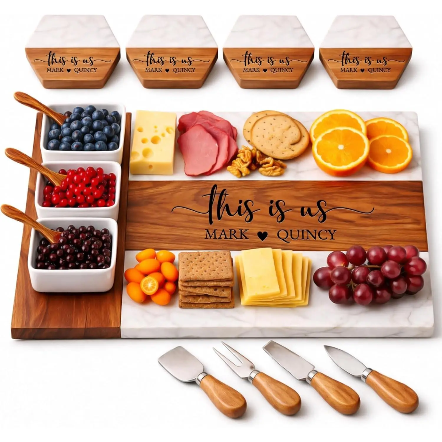 Personalized Charcuterie Board Set - Custom Engraved Wooden-Marble Cheese Board with Knife Set - Wedding Gift for Couples, Housewarming Gift for Parents