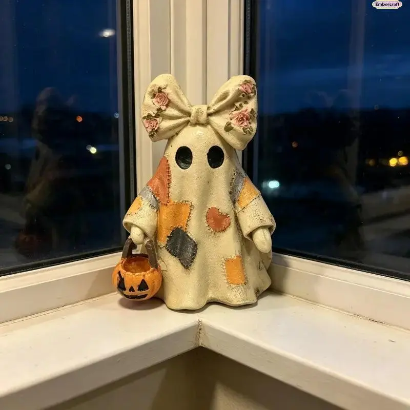 Vintage Patchwork Fabric Ghost Decoration - Cute Nostalgic Halloween Statue with Floral Bow, Mini Pumpkin Holder for Desk, Indoor Room Decor, Spooky Aesthetic Fall Display, Art Figurine Collectible