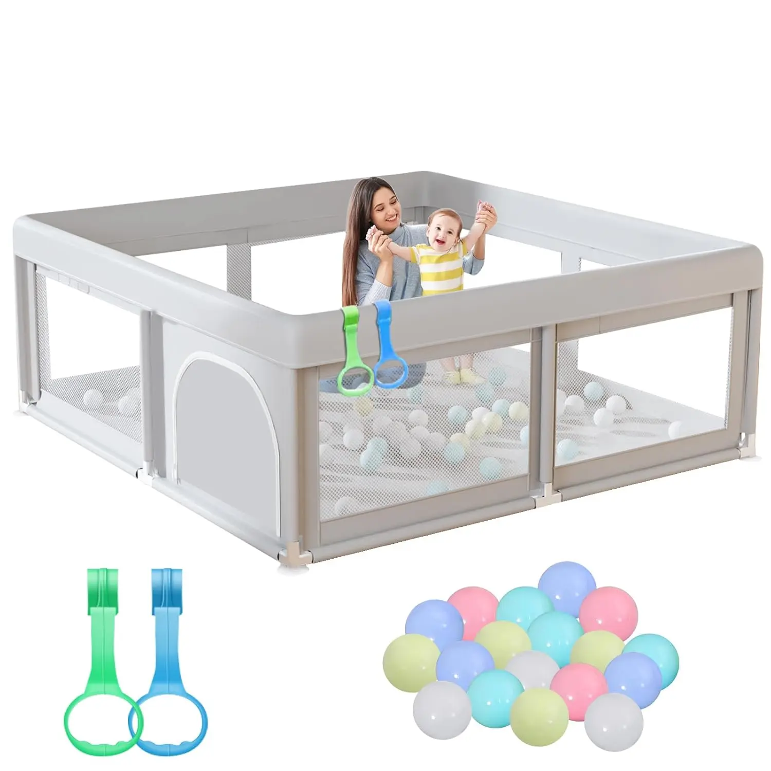 50 x 50 inch Baby Playpen with Ocean Balls and Pull Rings, Playpen  Babies and Toddlers, Baby Fence Playards, Safe Structure and Soft, Skin-Friendly Fabric with Zipper Gates.