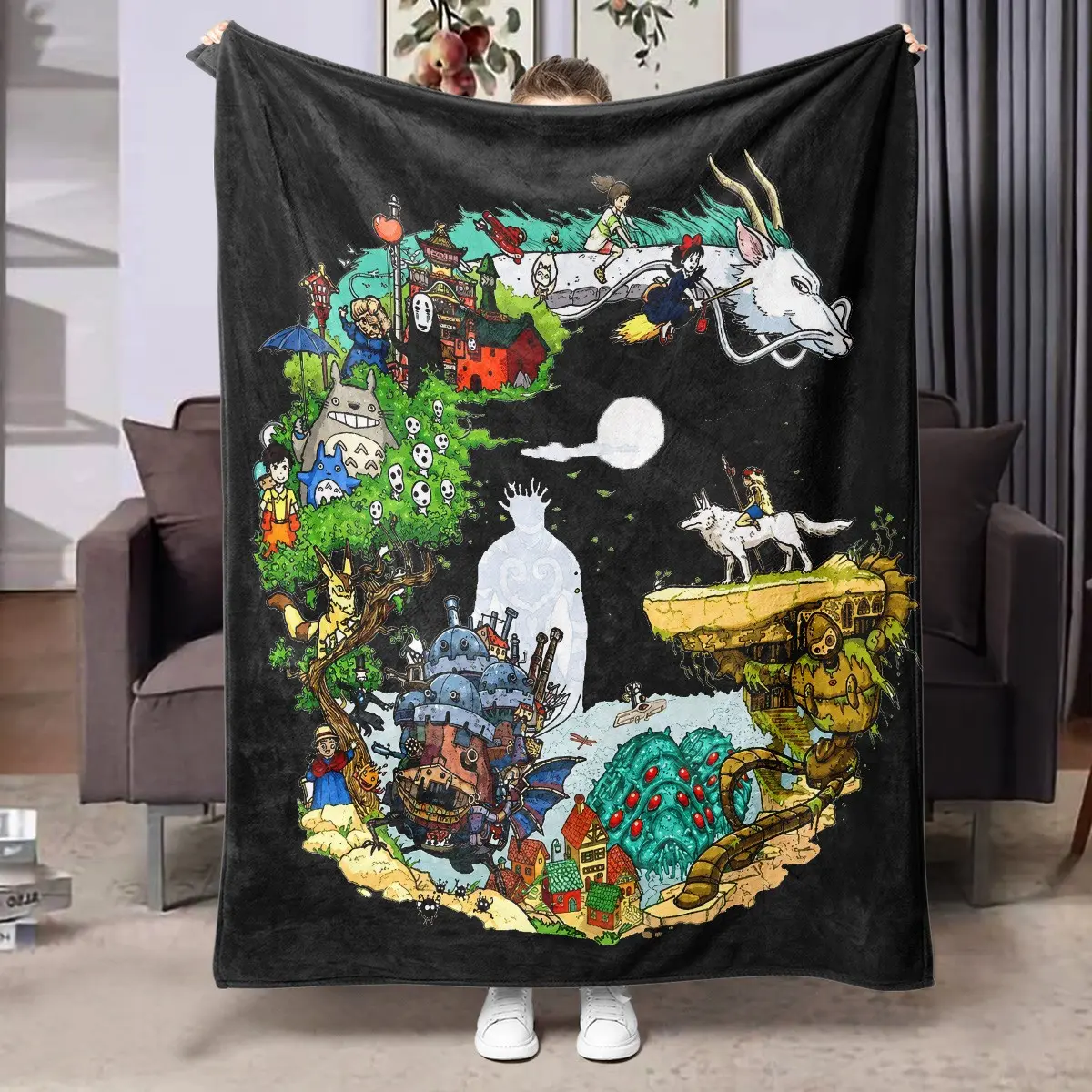 1pc Studio Ghibli Cartoon Collage Fleece Blanket, Circular Character Mosaic, Totoro Haku Kiki Print, Dark Background. Soft Warm Multi-use Throw for Sofa, Bed, Office, Camping, Ideal Christmas Gift, Soft Blankets
