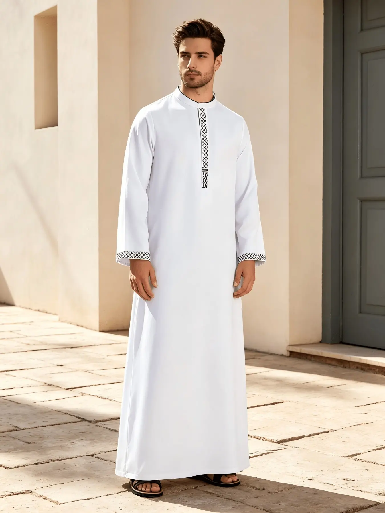 New Men's Stand Collar Long Sleeve Ethnic Robe, Chest & Sleeve Mesh Embroidery, Loose Fit Prayer Dress, Breathable Arab Shirt, Ramadan Eid